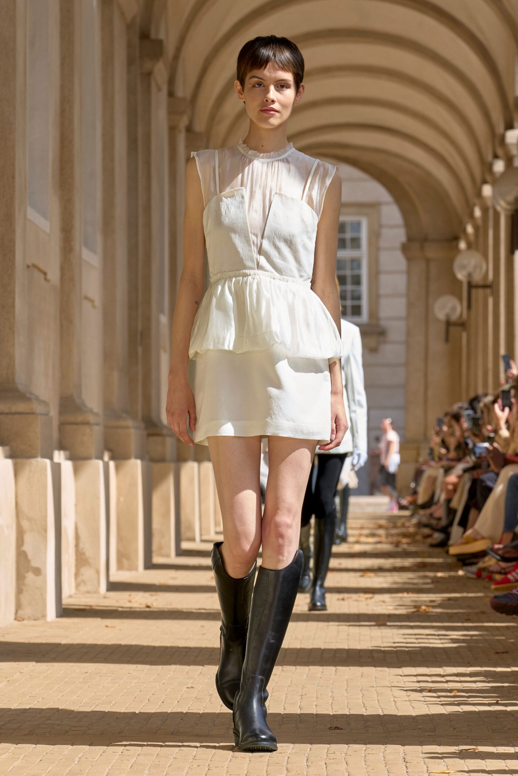white silk sleeveless high-neck fitted pleated mini dress