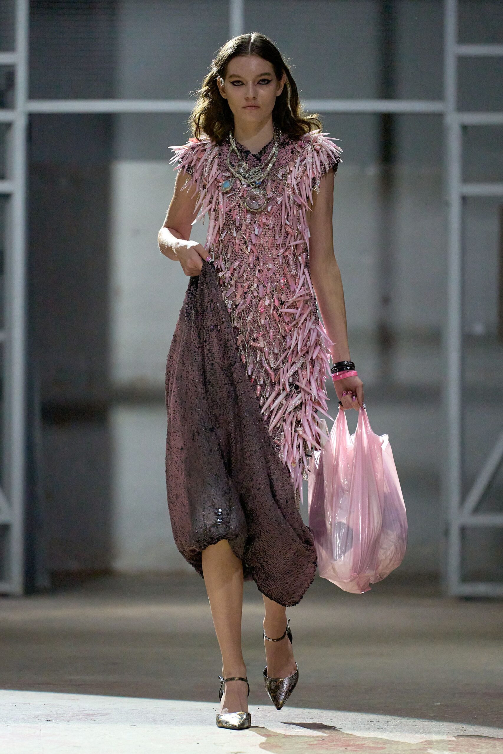pink silk sleeveless v-neck fitted sequined ruffled dress