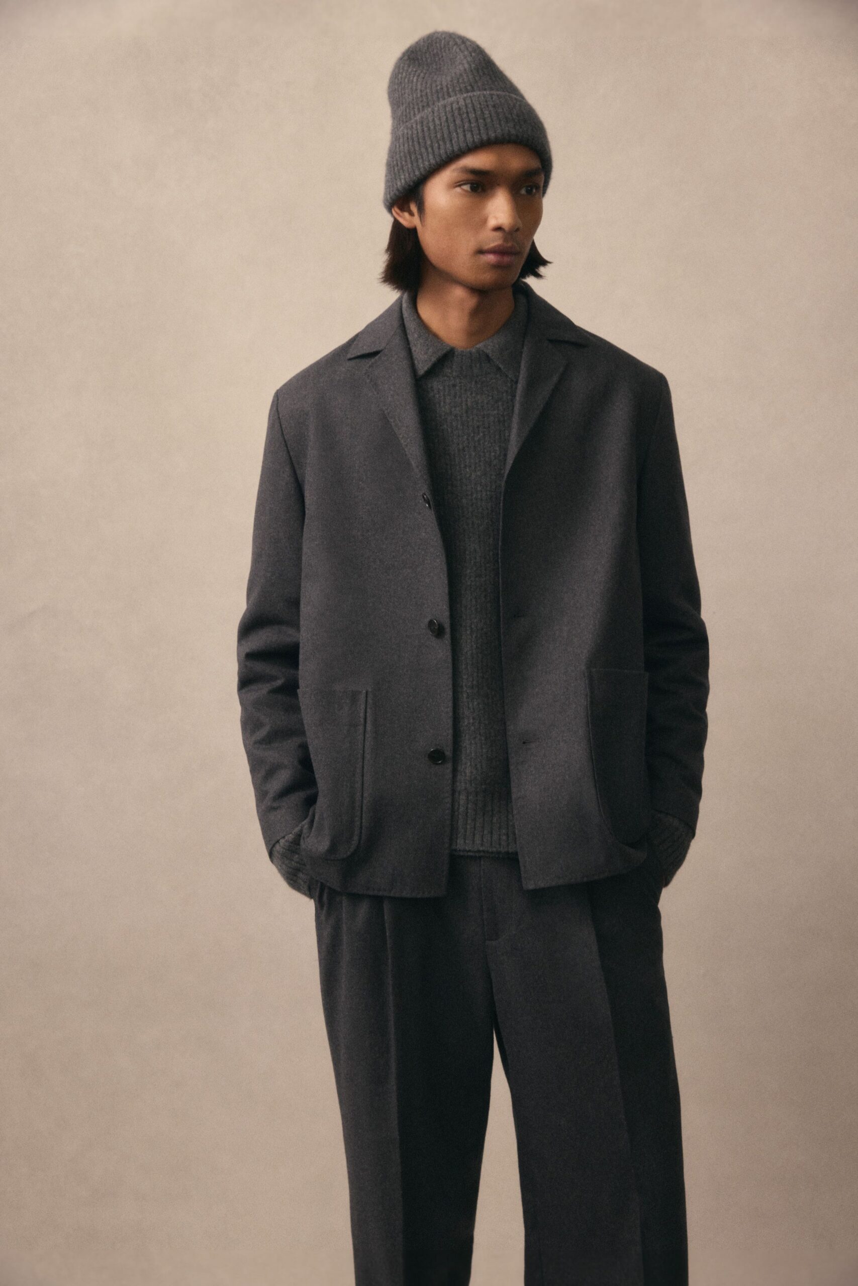 gray wool blazer and sweater