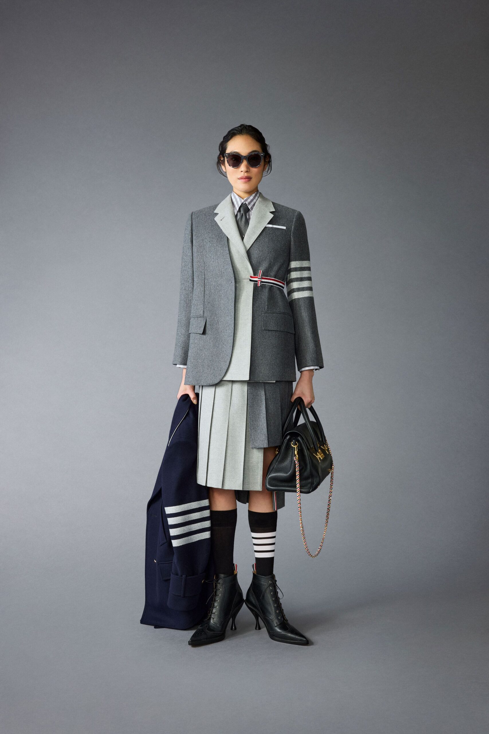gray blazer with pleated skirt