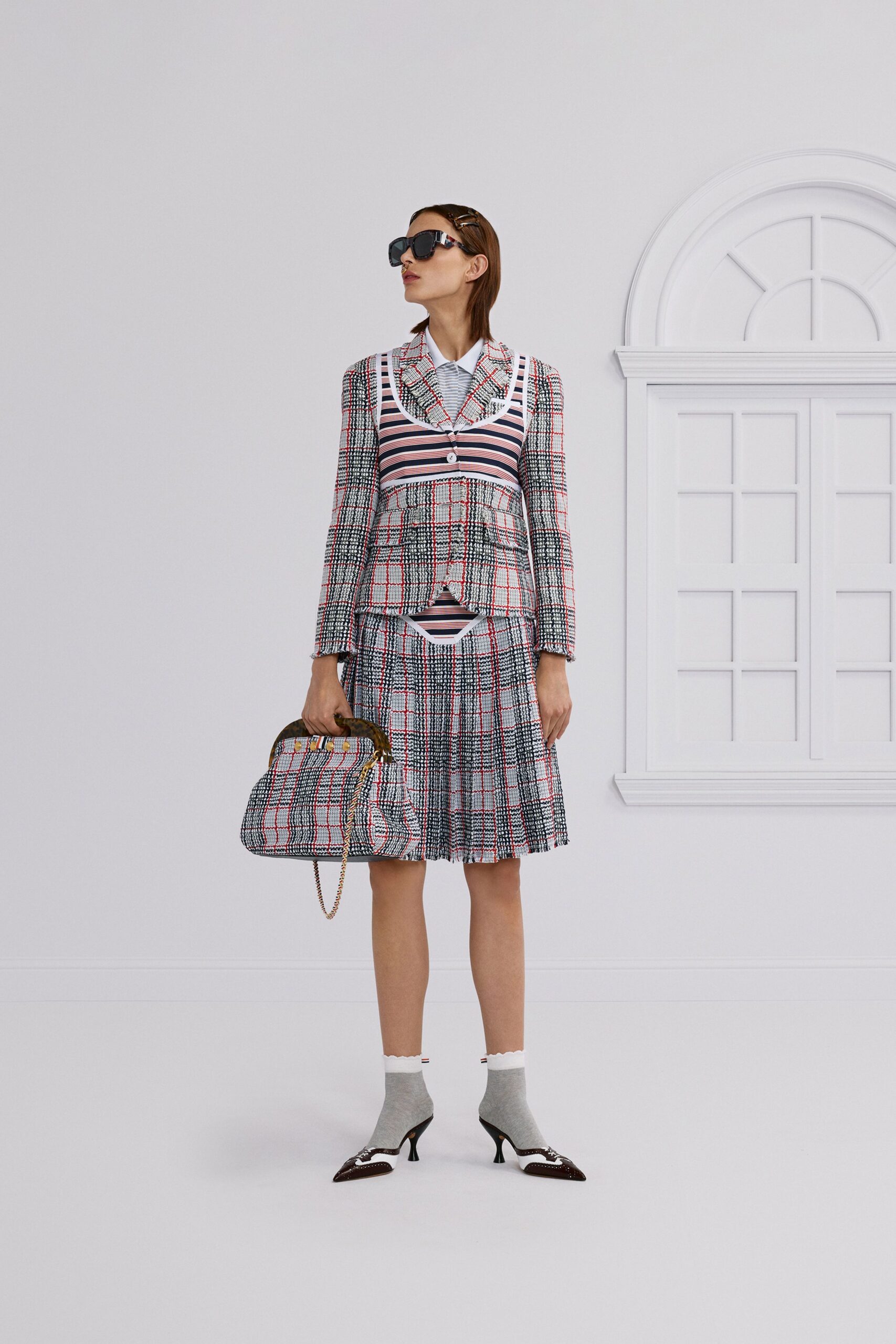 multi cotton long-sleeve collared structured checked buttoned blazer