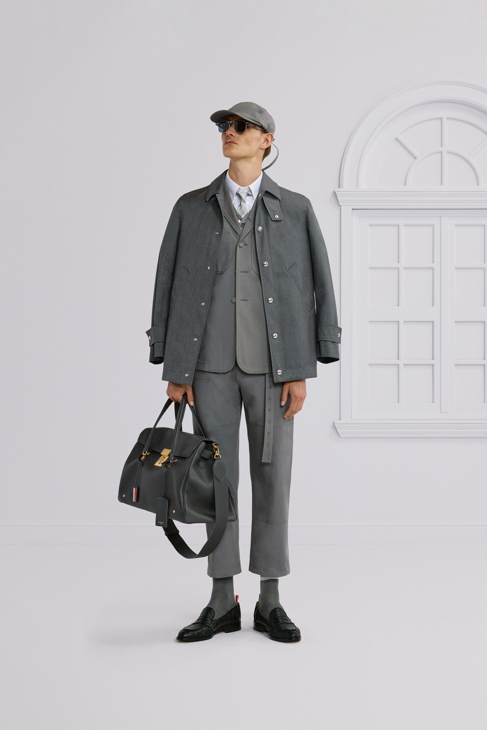 gray cotton long-sleeve collared structured buttoned jacket