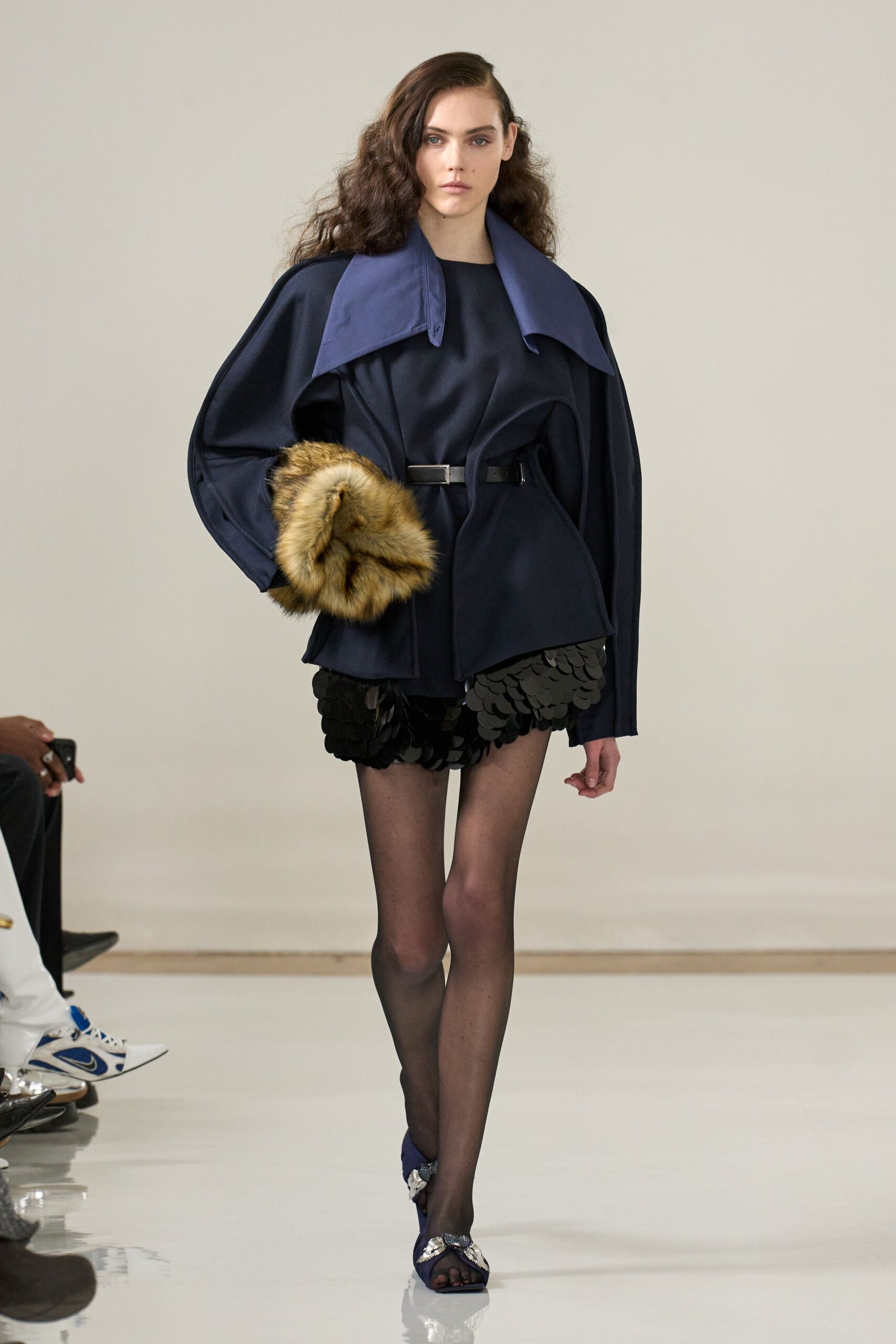 blue wool long-sleeve collared structured zippered belted jacket