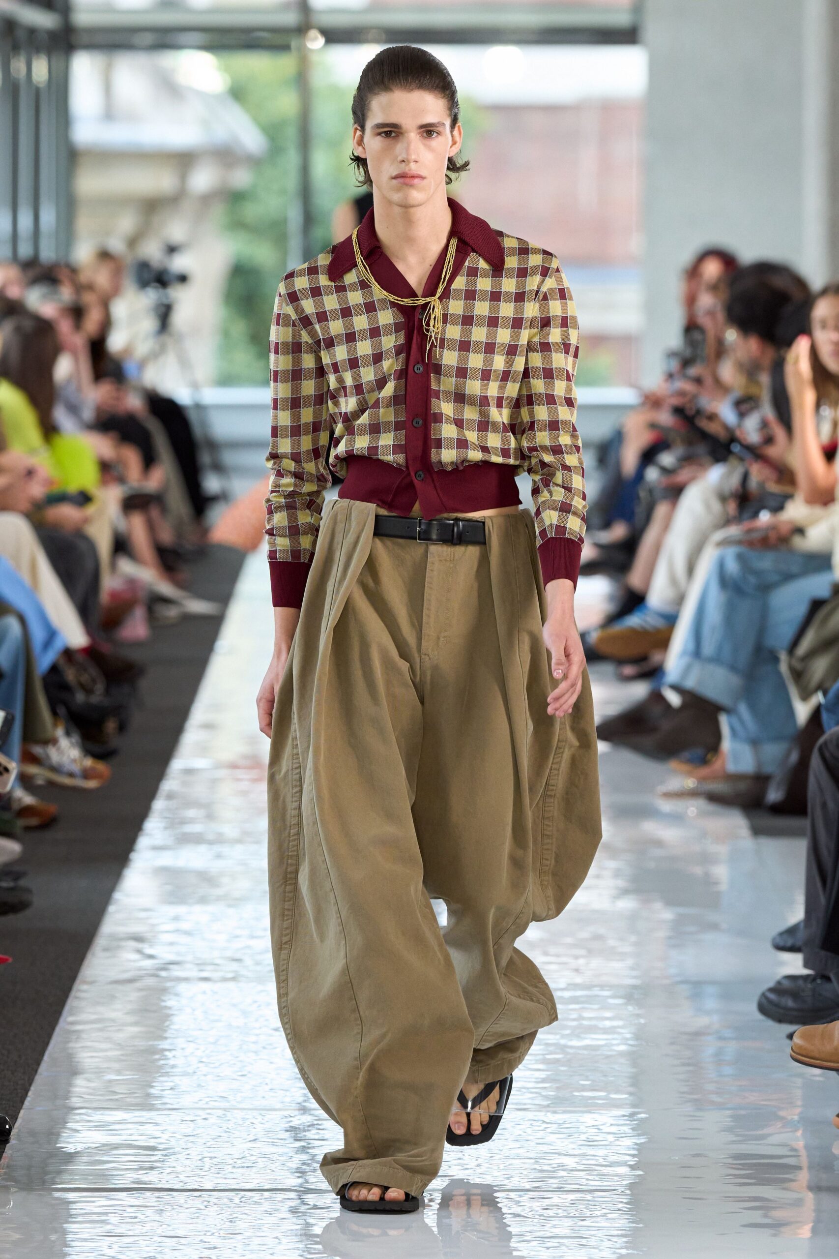 brown checked shirt with beige pants