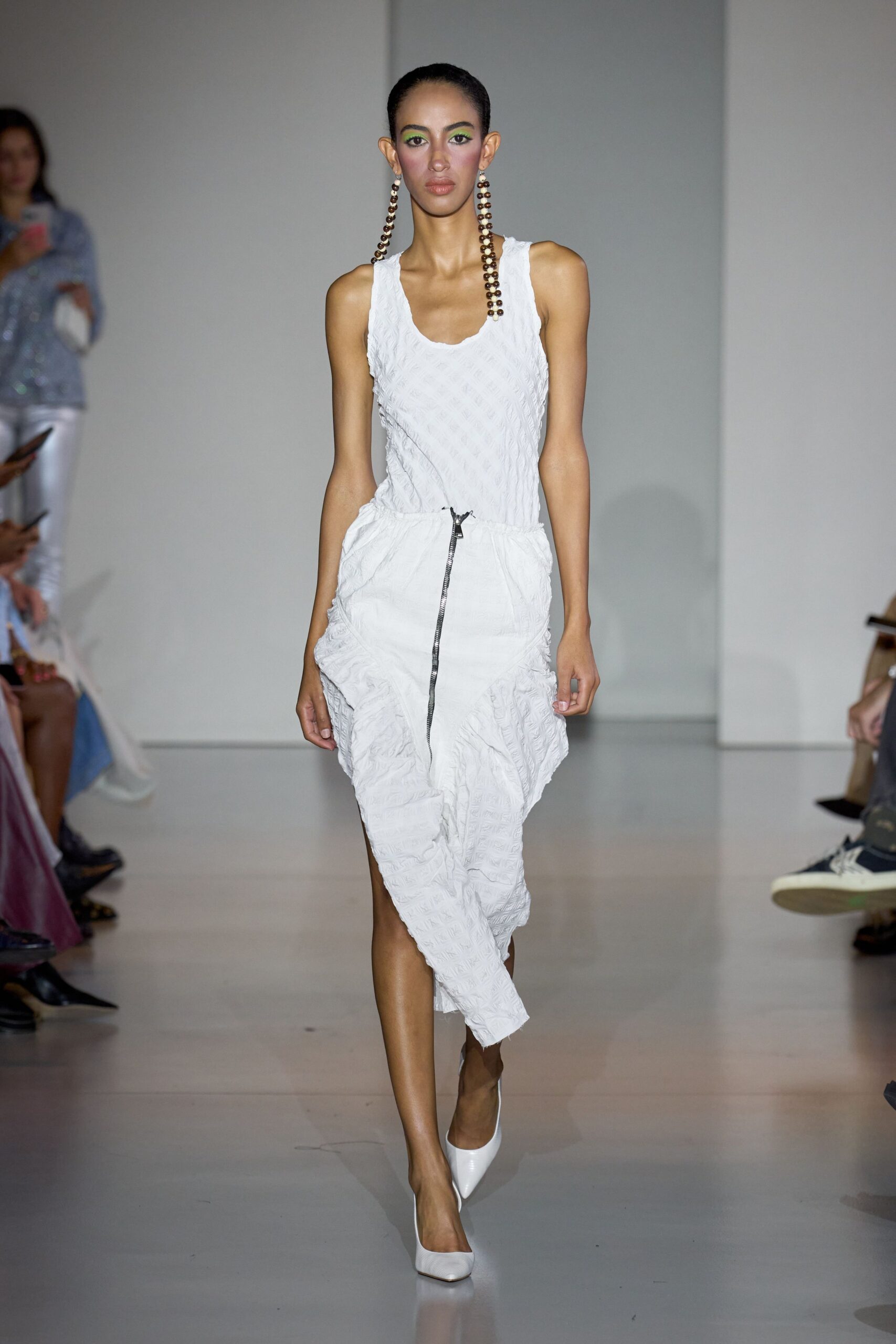 white fitted midi dress with ruffles