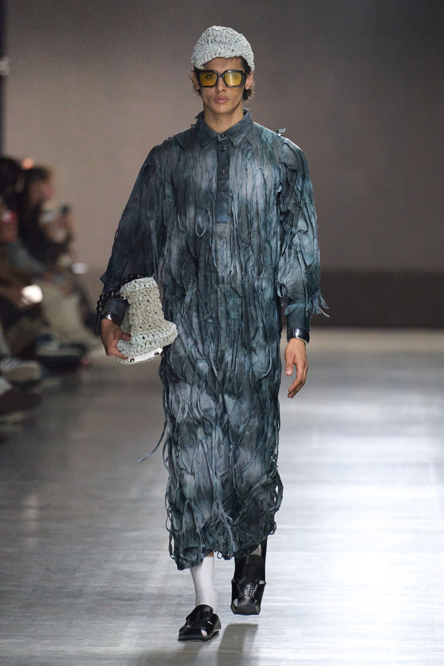 blue cotton long-sleeve collared relaxed fringed flowing dress