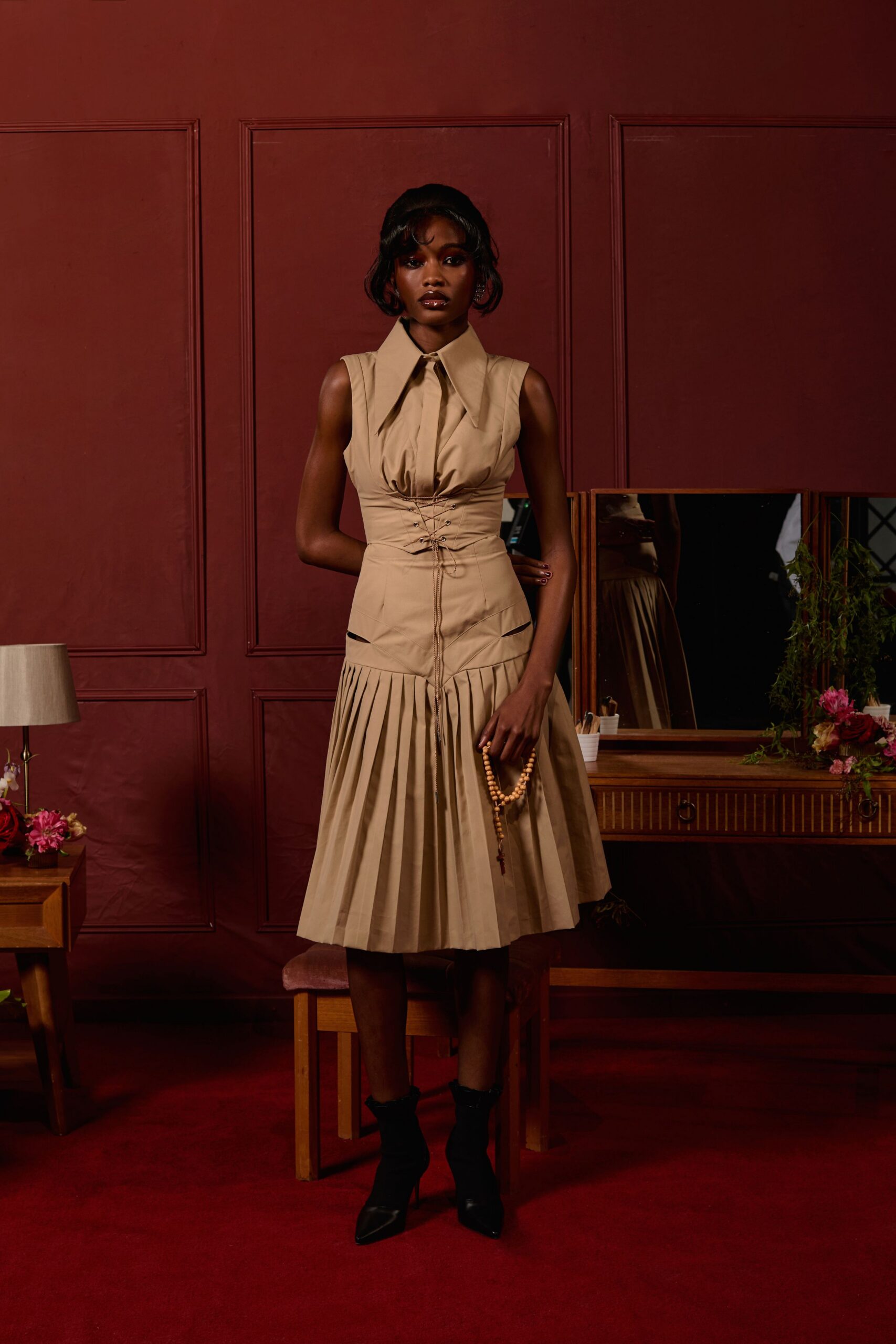beige cotton sleeveless collared fitted pleated zippered dress