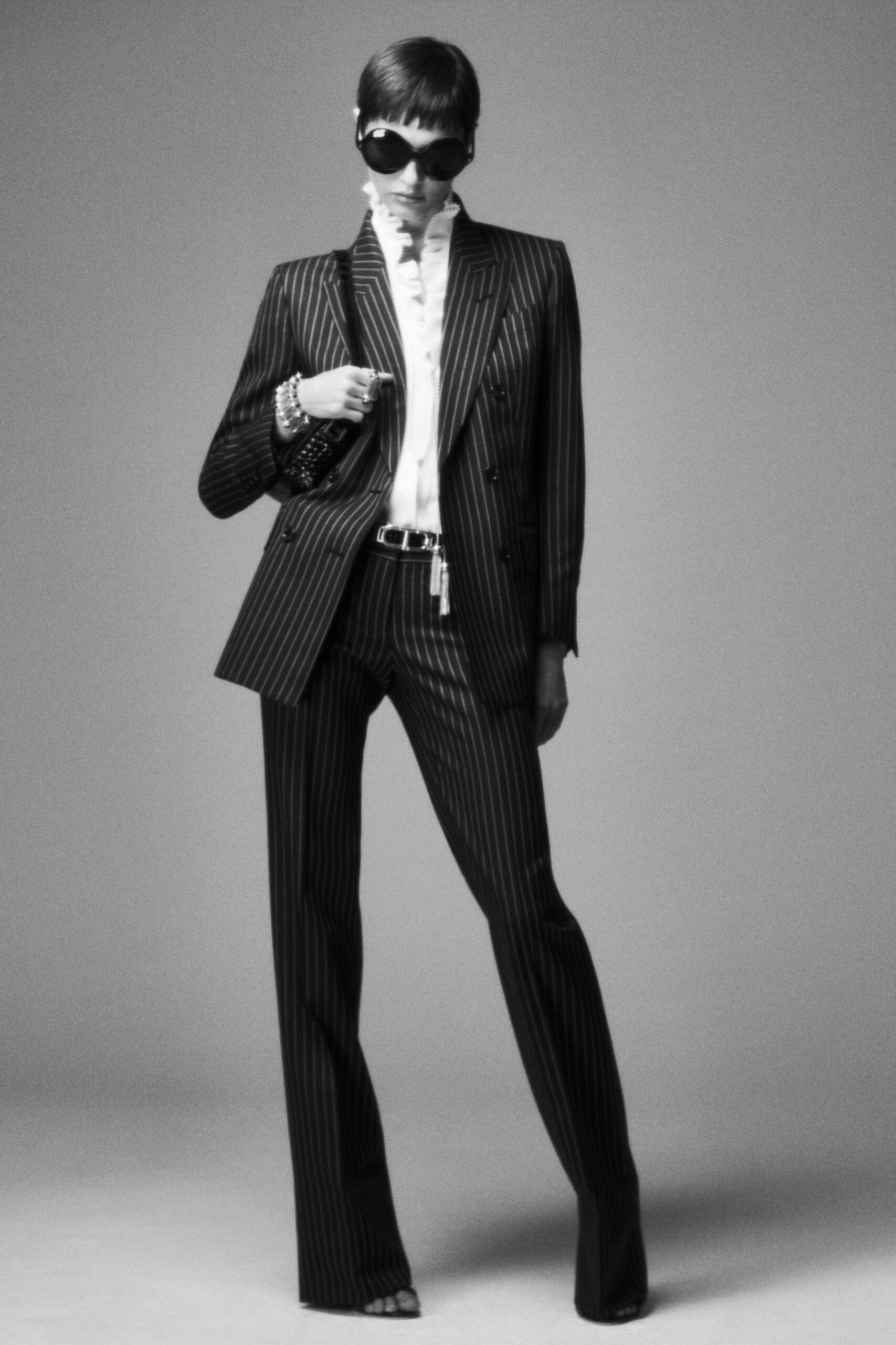 black and white striped suit