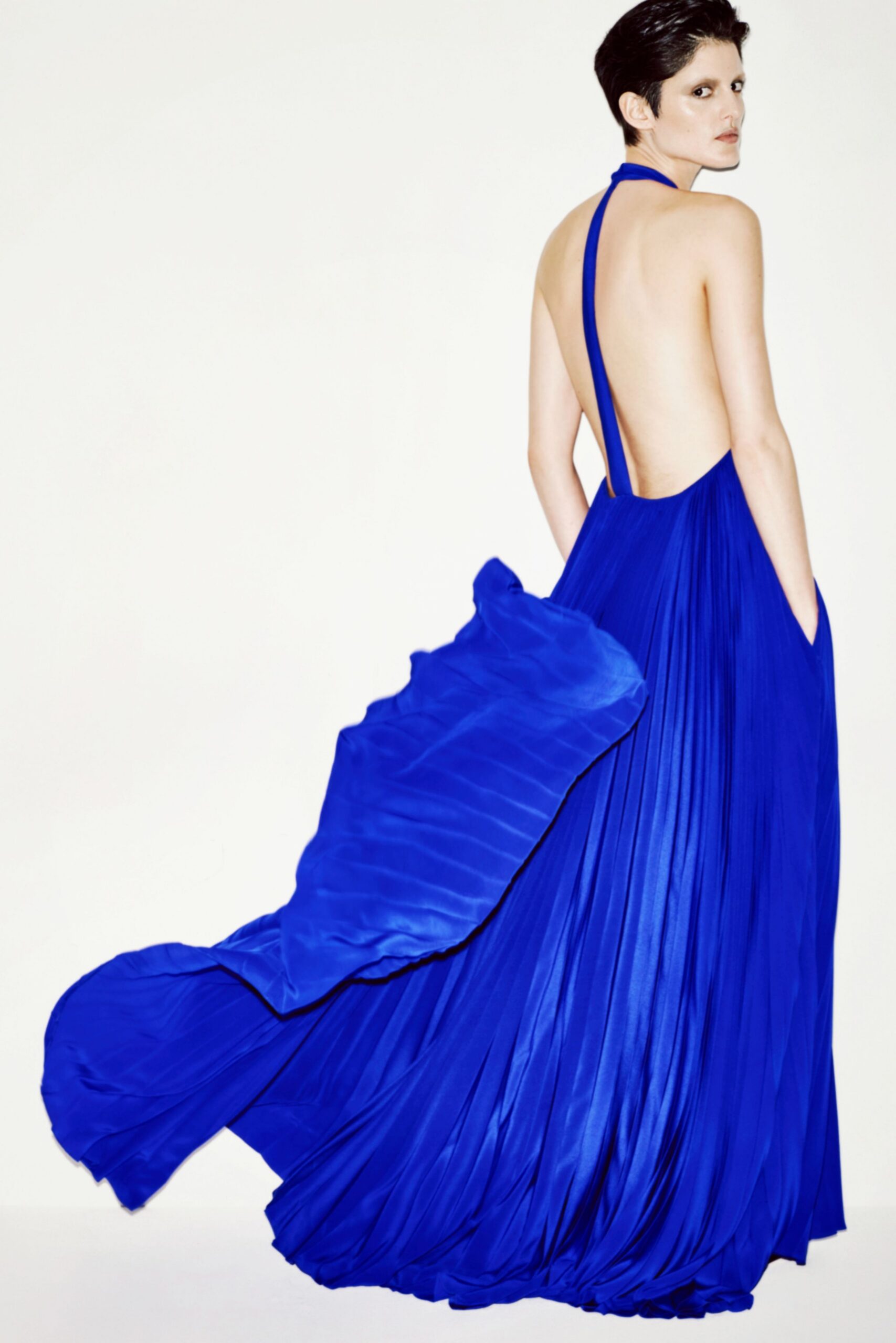 blue silk sleeveless gown