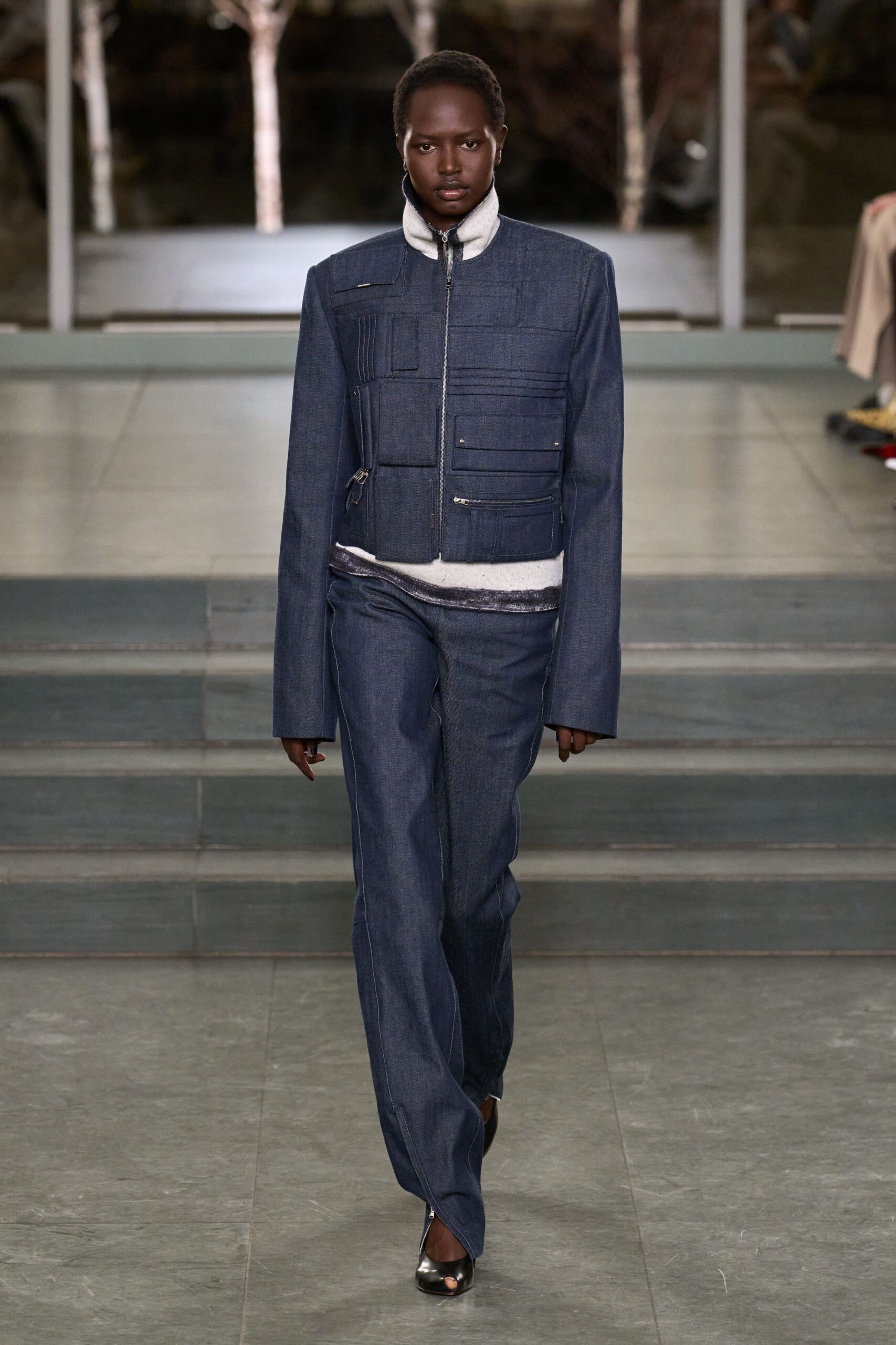 blue denim long-sleeve collared structured zippered buttoned jacket