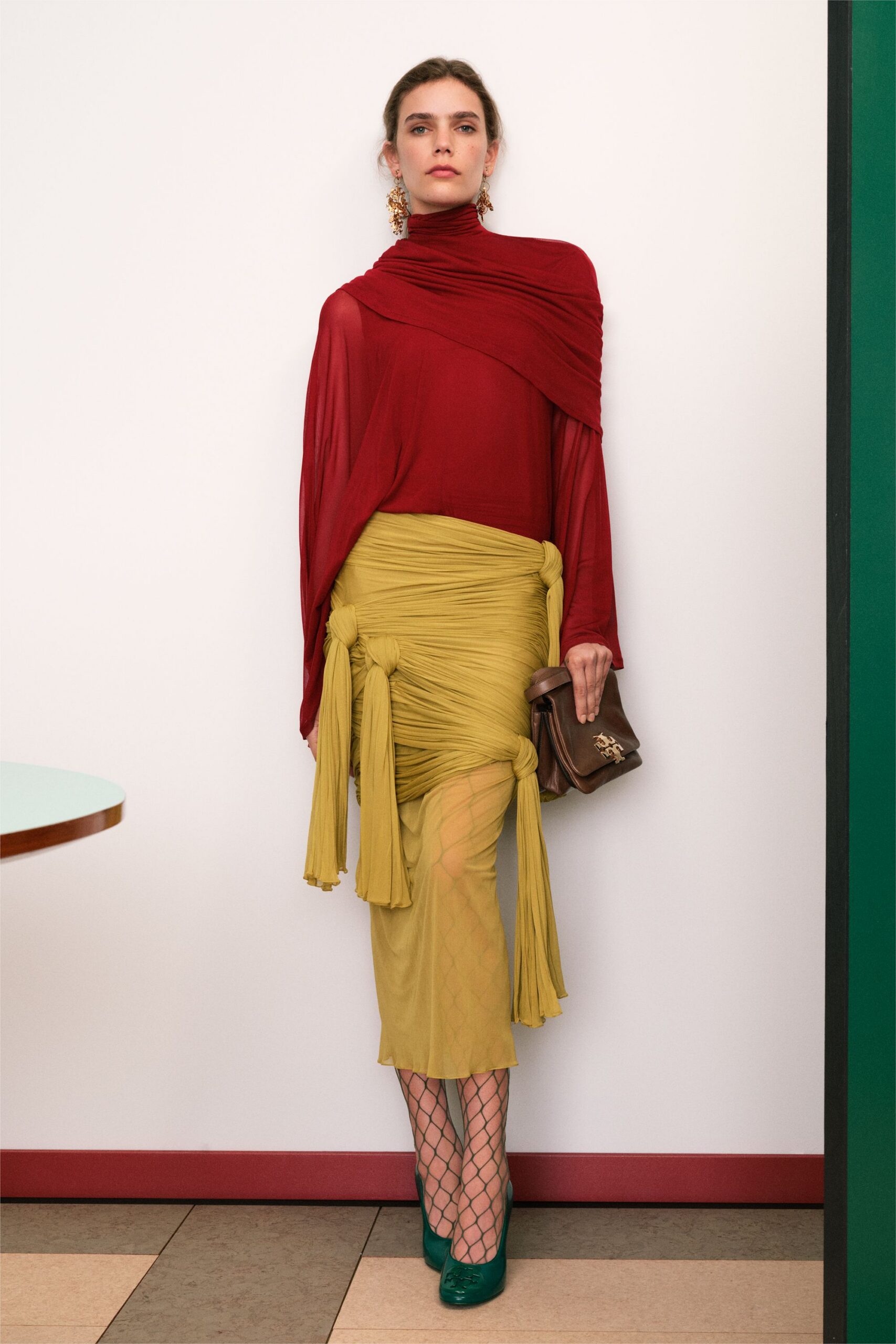 red silk long-sleeve high-neck fitted draped top