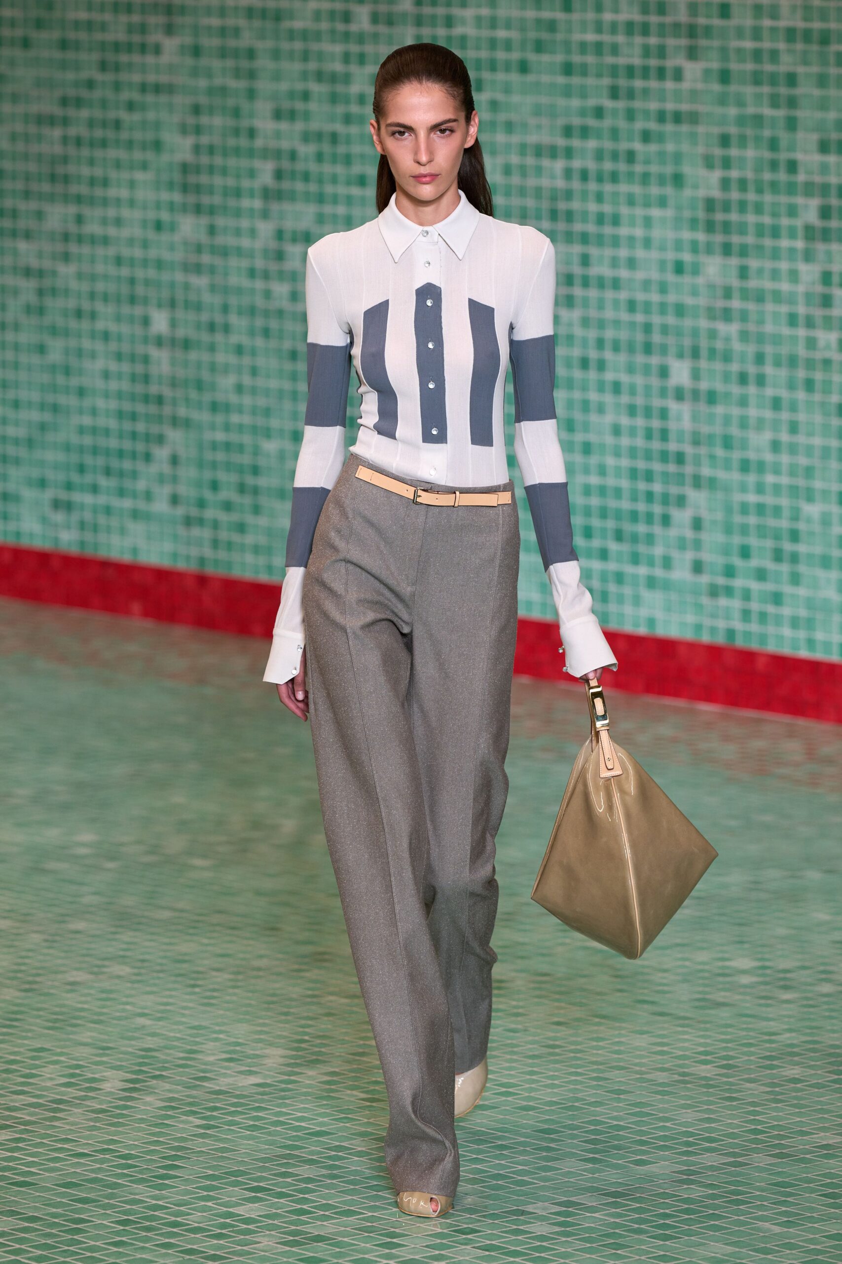 fitted striped shirt and gray pants