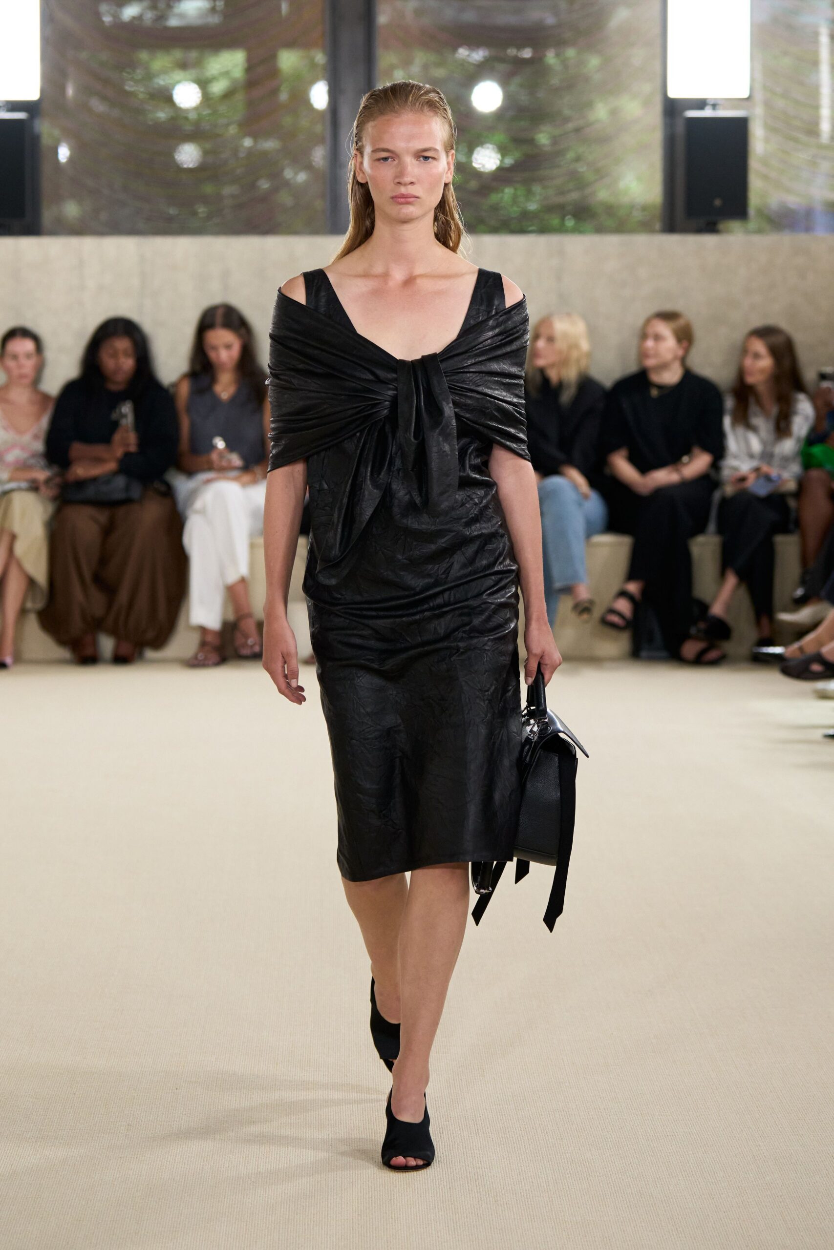 black silk sleeveless off-shoulder fitted draped midi dress