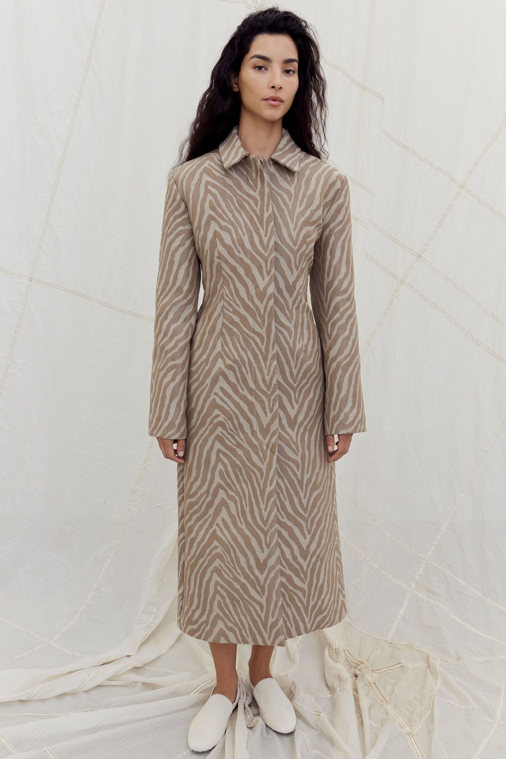 beige cotton long-sleeve collared fitted printed maxi dress