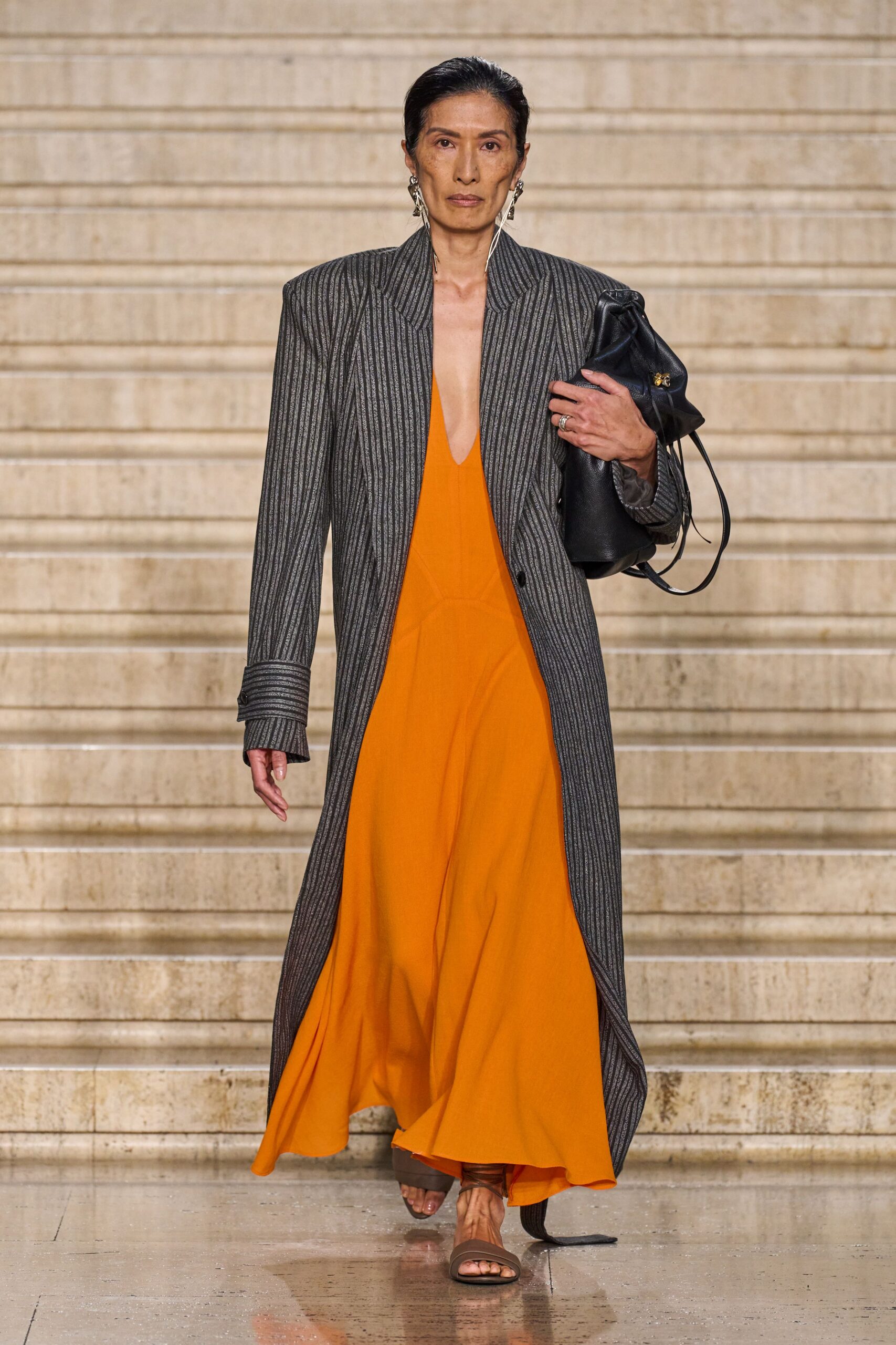 gray long-sleeve collared relaxed striped coat
