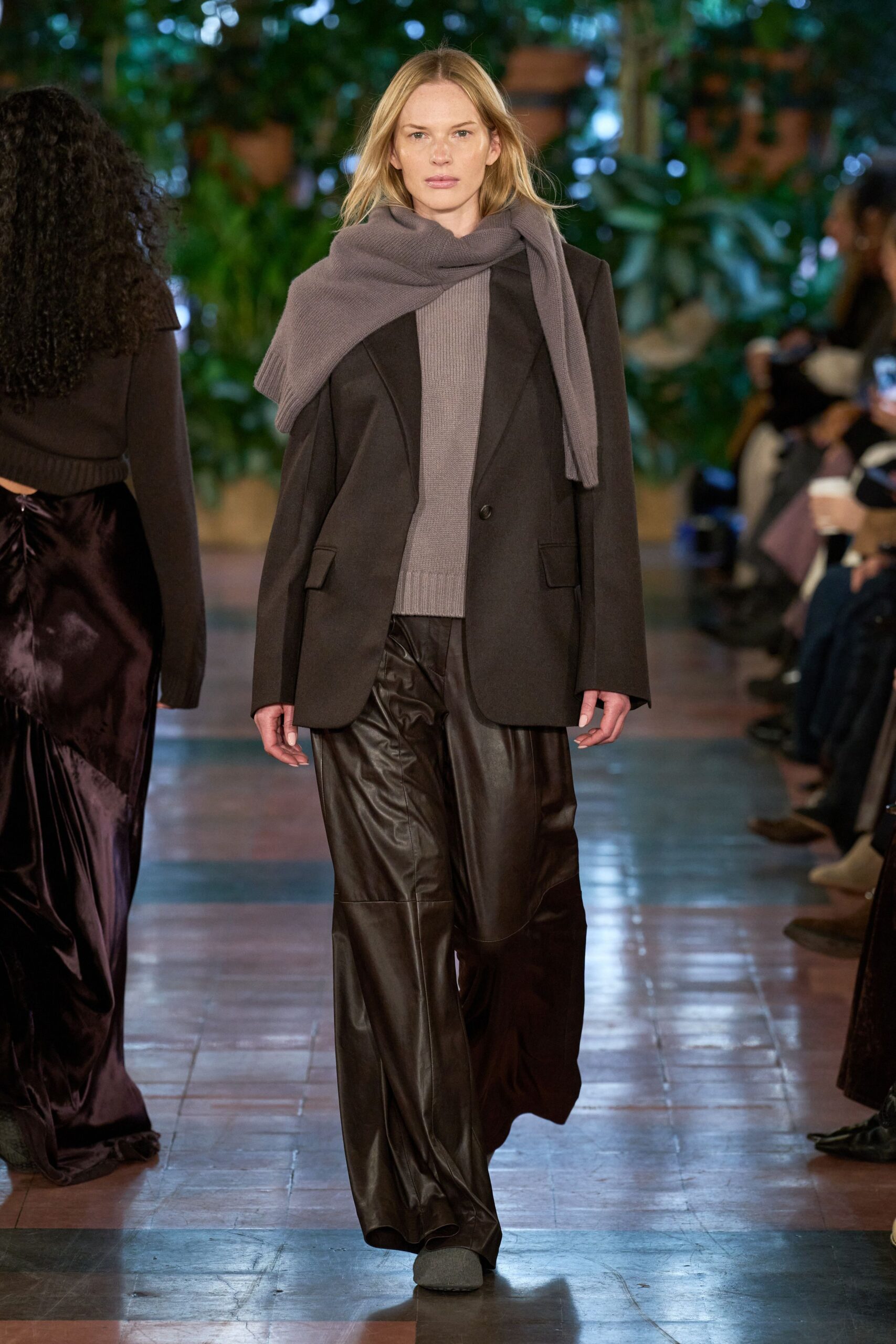 black blazer gray sweater brown pants