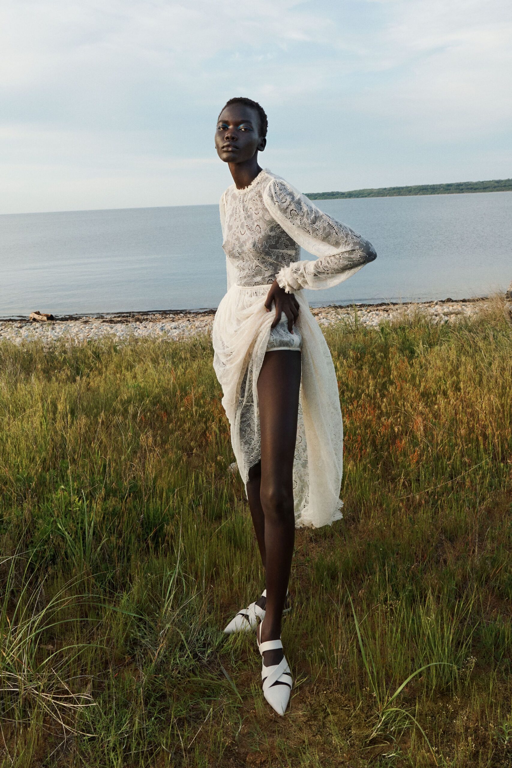 white lace long-sleeve v-neck fitted layered pleated dress
