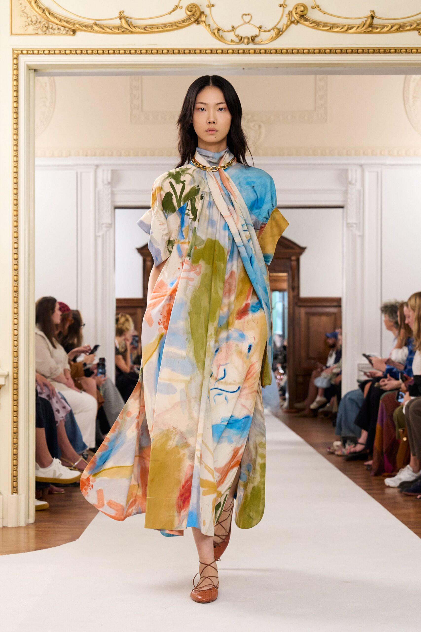 multi silk long-sleeve collared relaxed draped flowing dress
