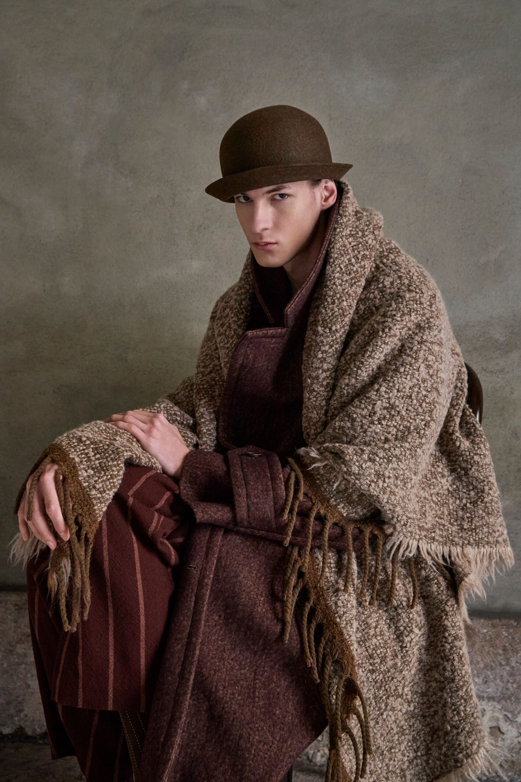 brown wool relaxed fringed cape