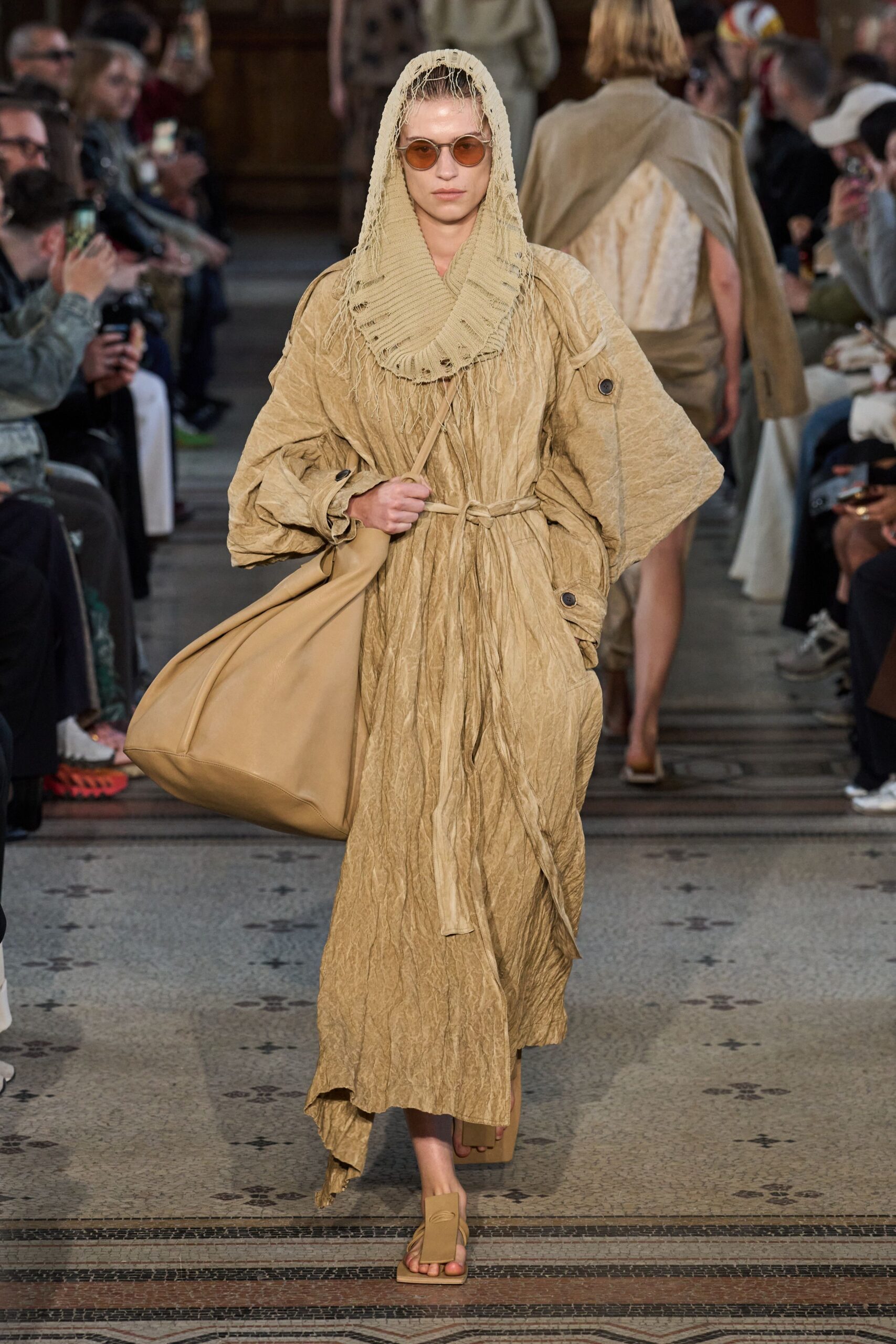 beige cotton long-sleeve hooded relaxed belted draped dress