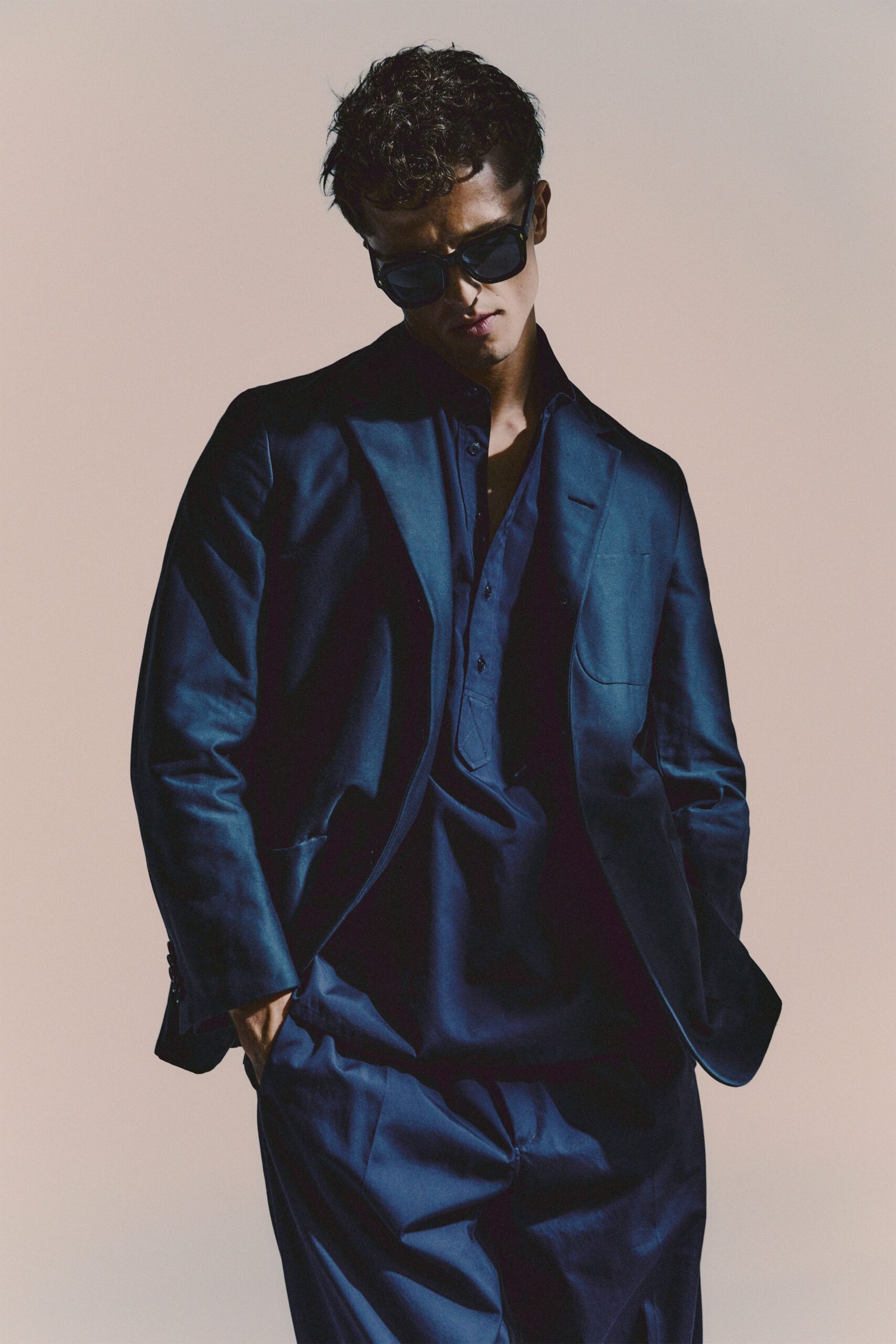 blue silk short-sleeve collared relaxed shirt