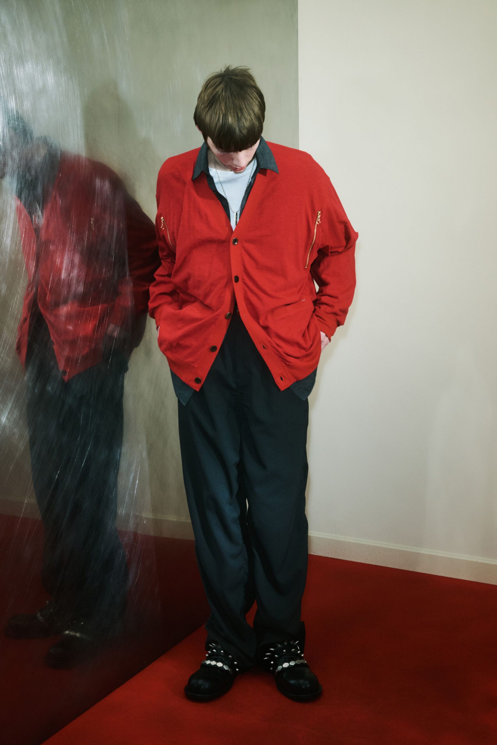 red cotton long-sleeve collared relaxed jacket