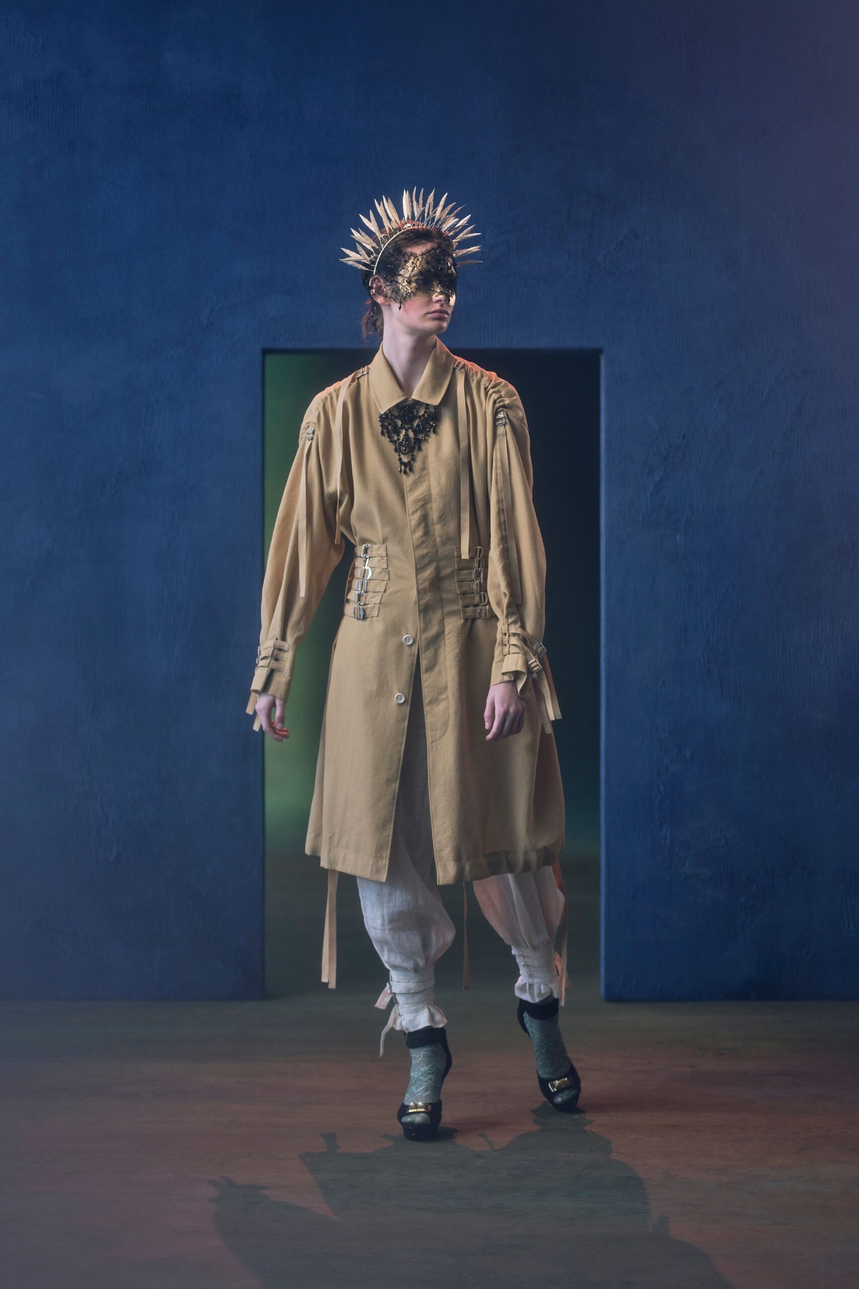beige coat with white pants
