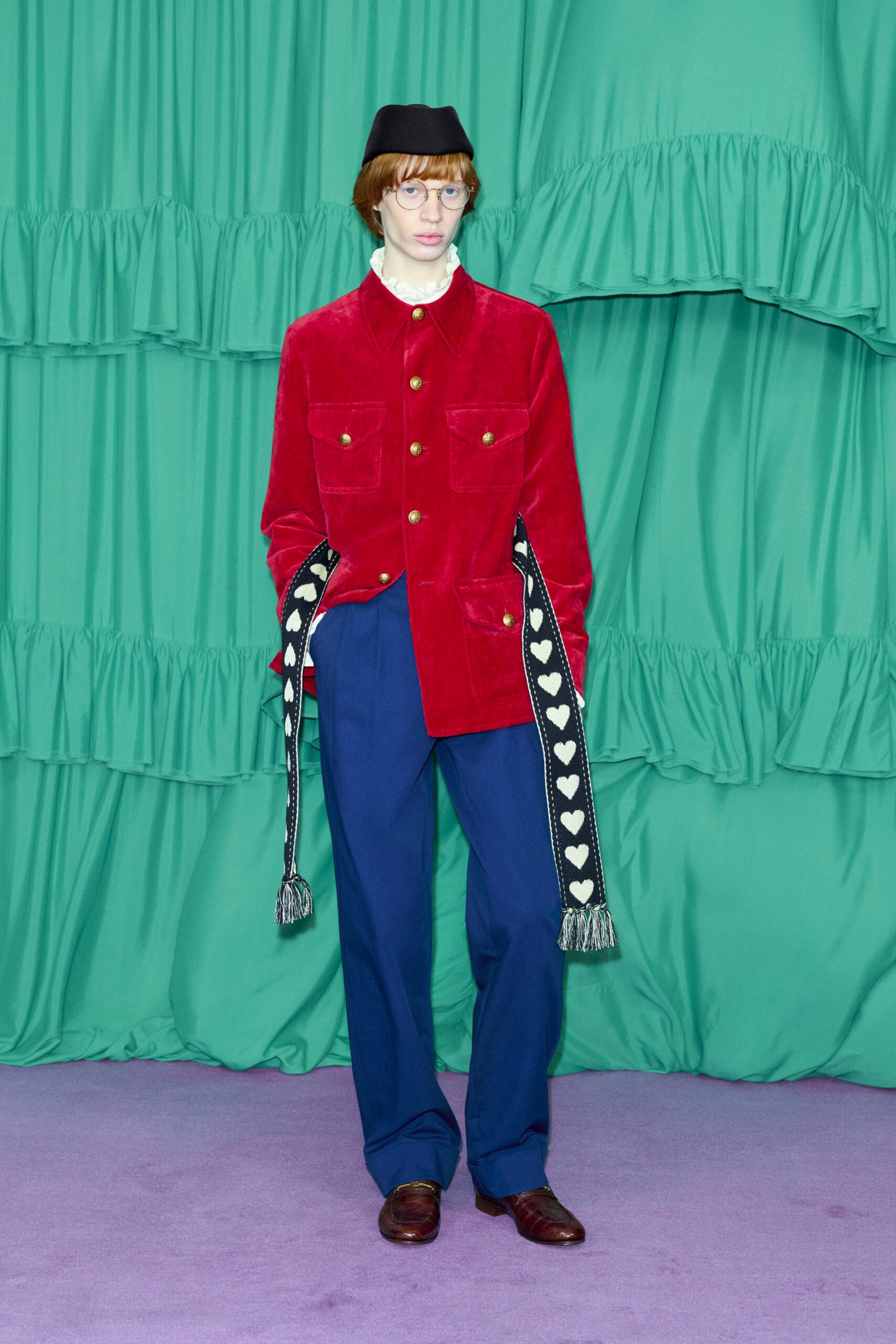red velvet jacket with blue pants