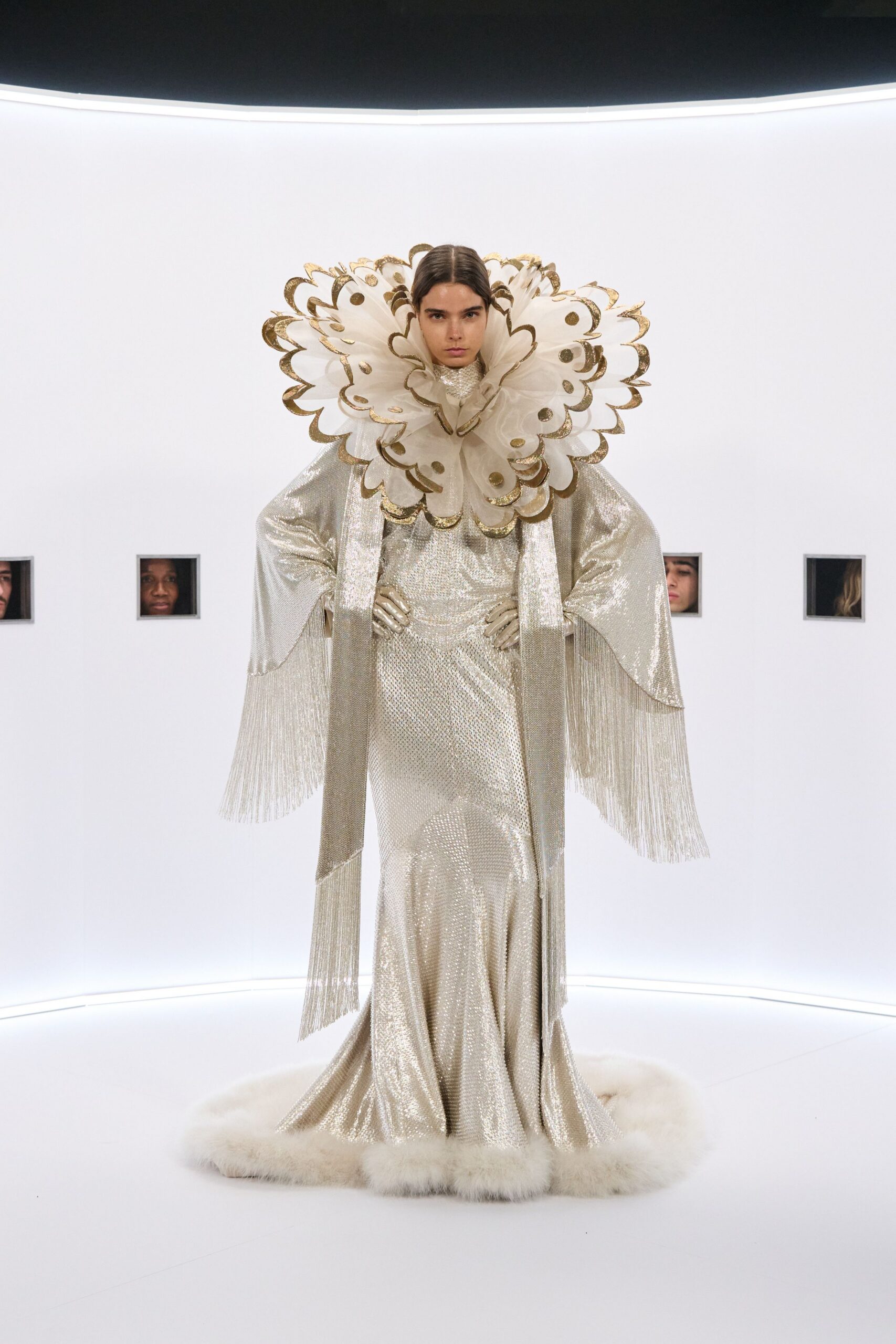 gold silk long-sleeve structured layered cape