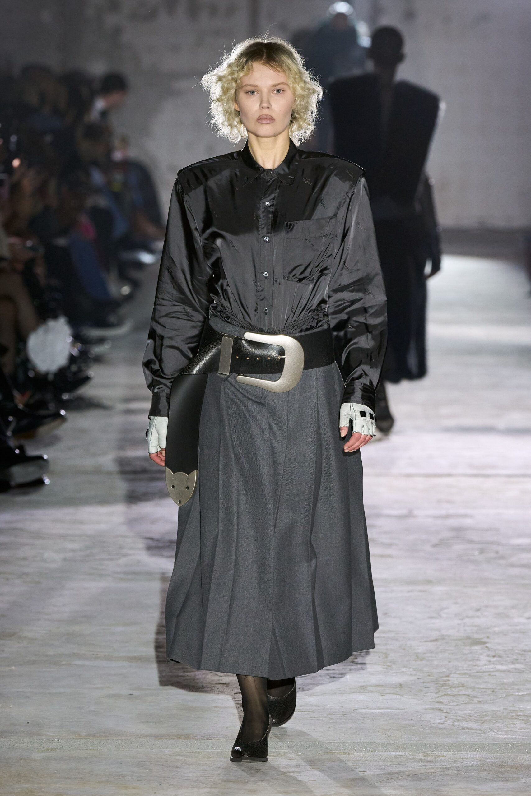 black silk shirt gray pleated skirt