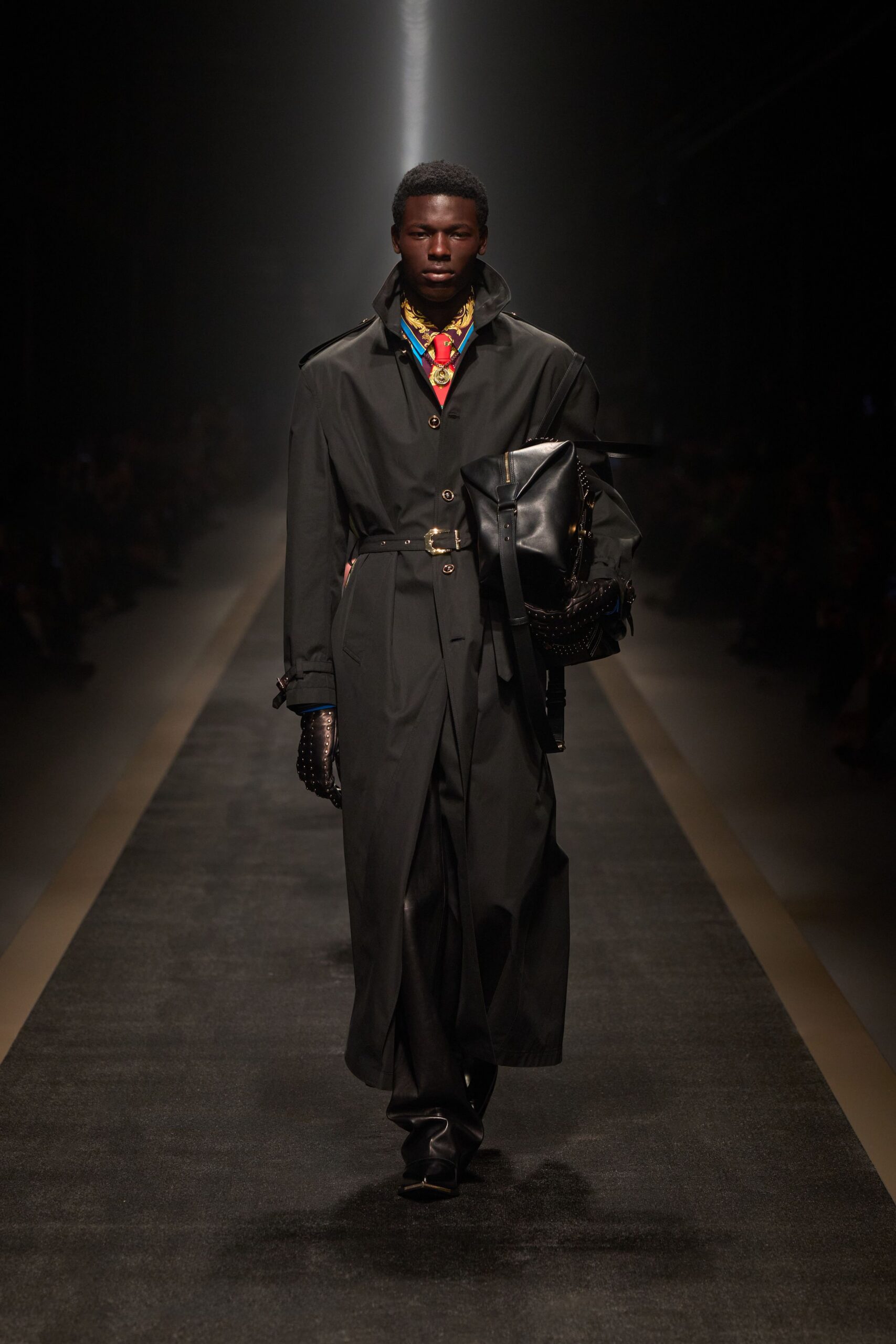 black trench coat with printed shirt