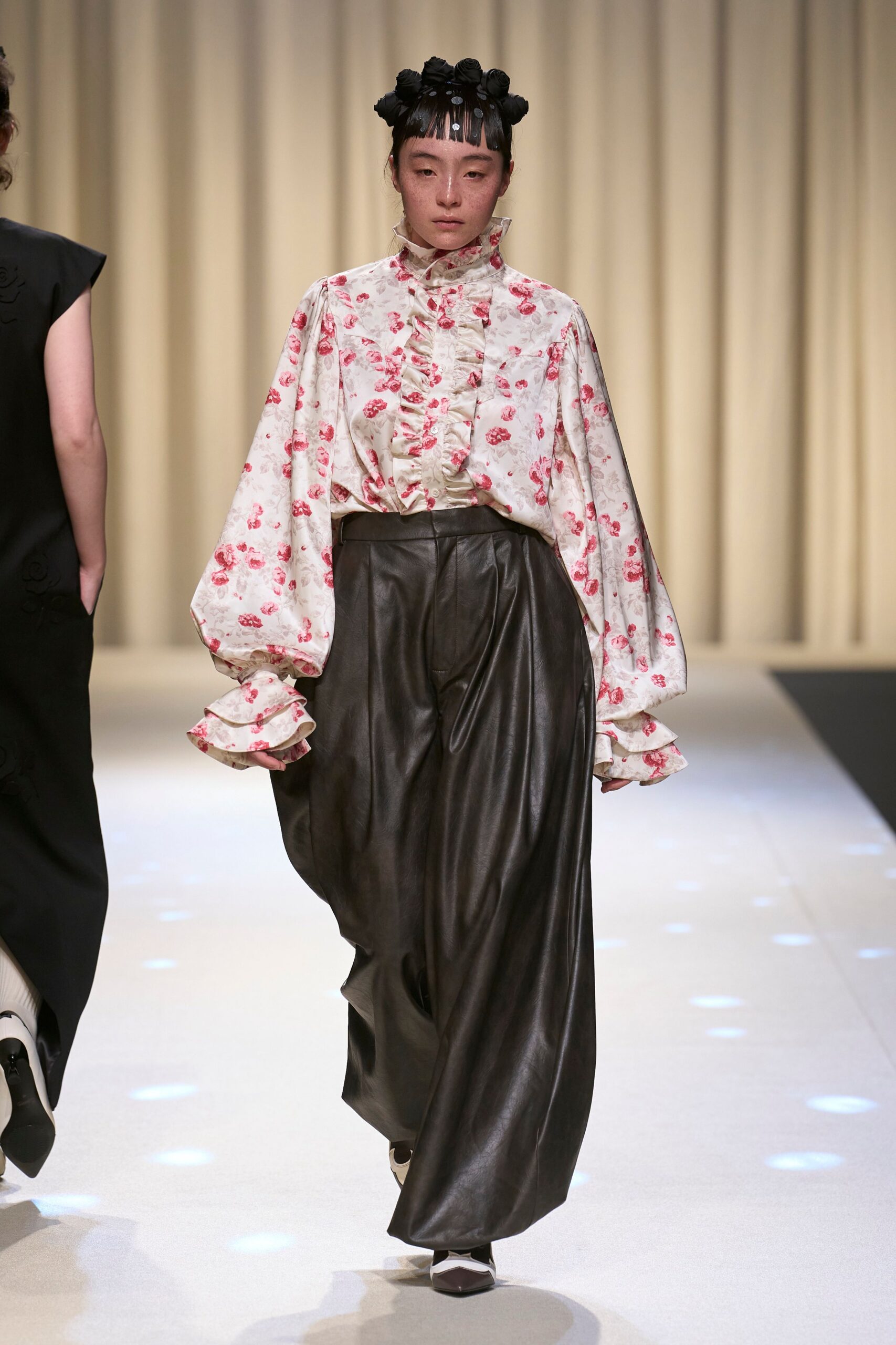 white silk long-sleeve collared relaxed floral ruffled blouse