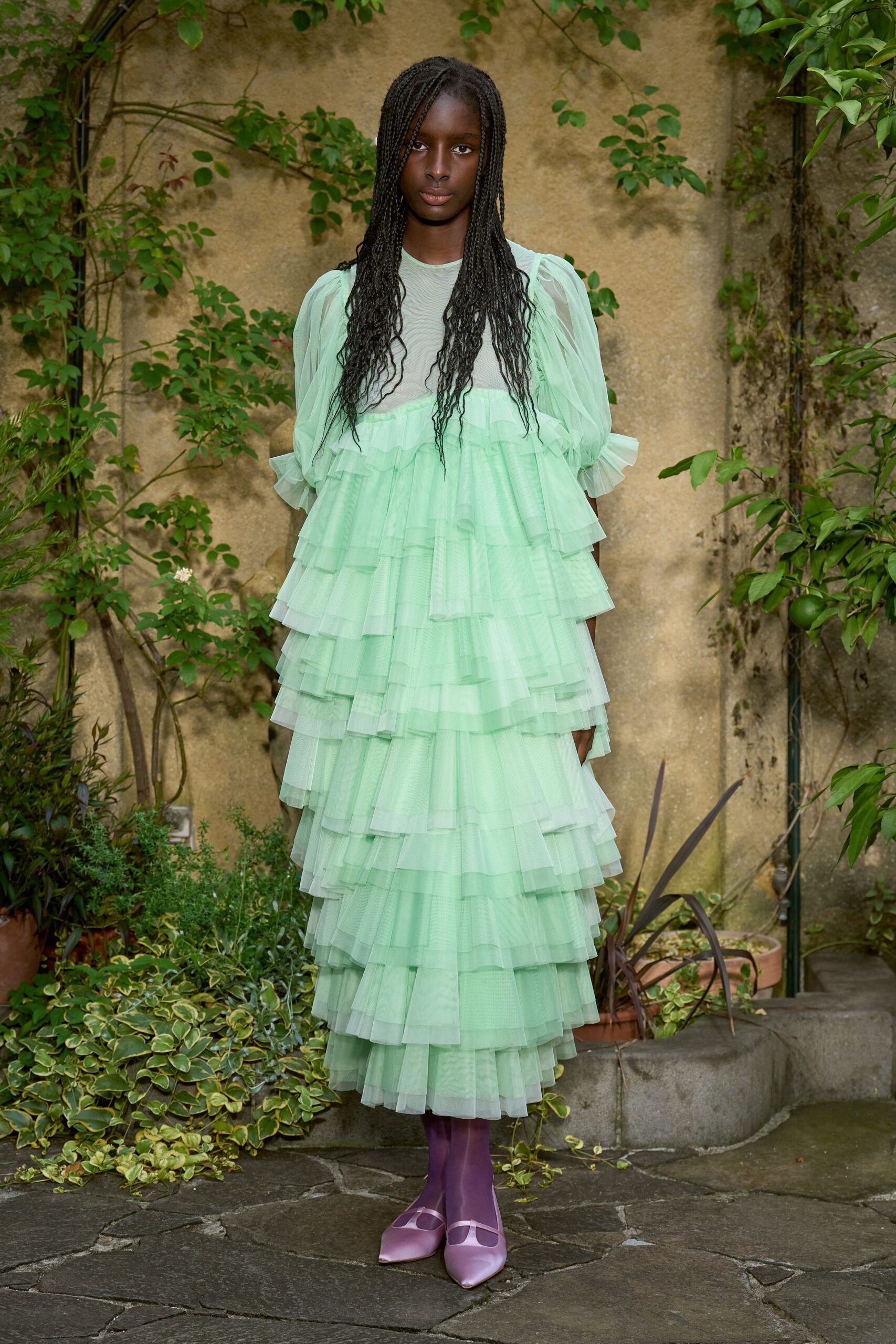 green tulle long-sleeve relaxed tiered flowing midi dress