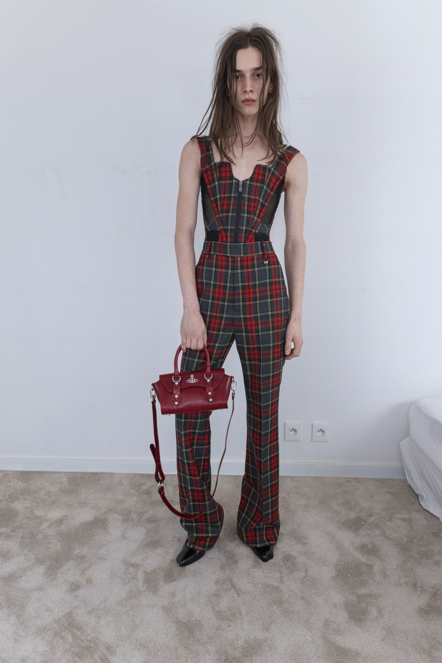 red cotton sleeveless v-neck fitted checked jumpsuit