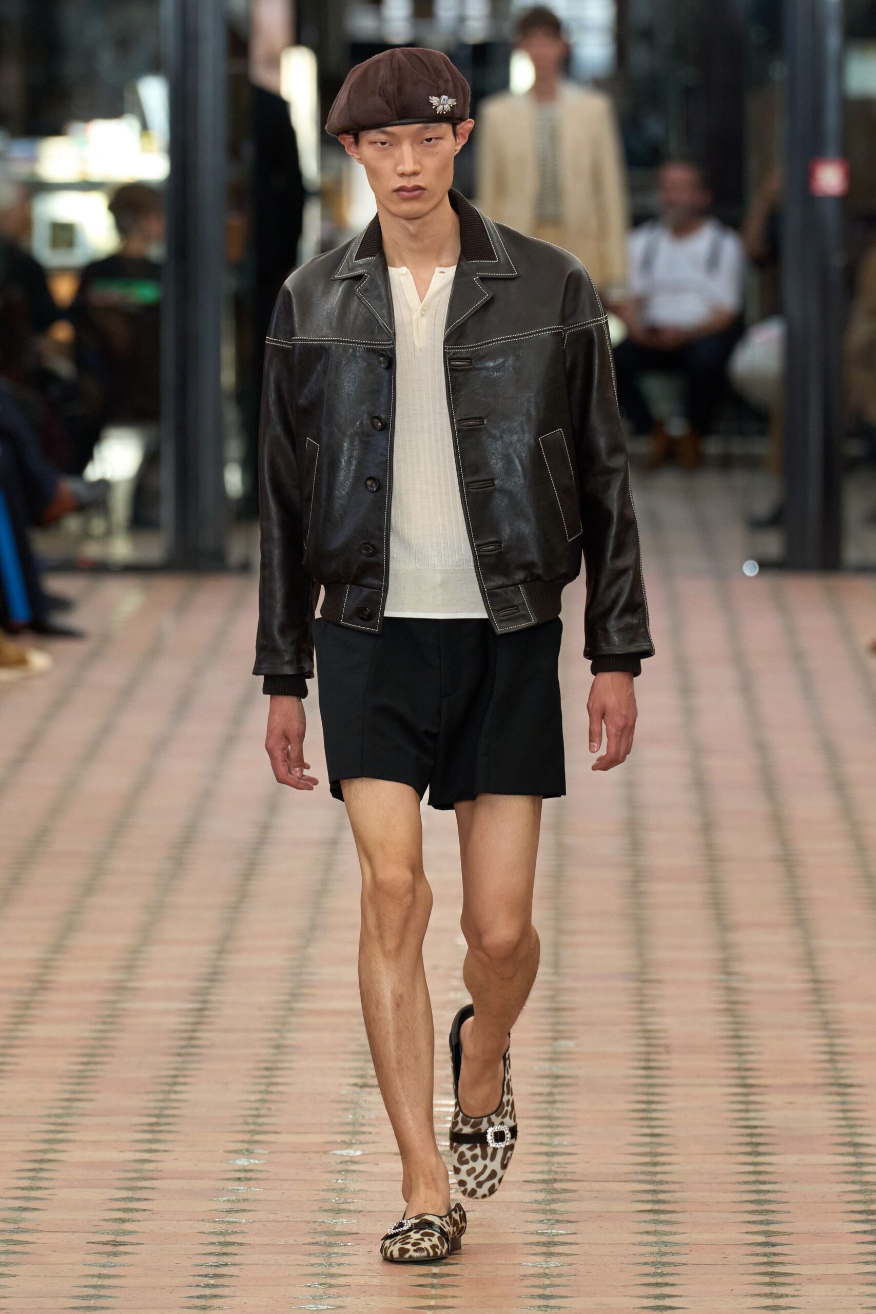brown leather jacket with shorts