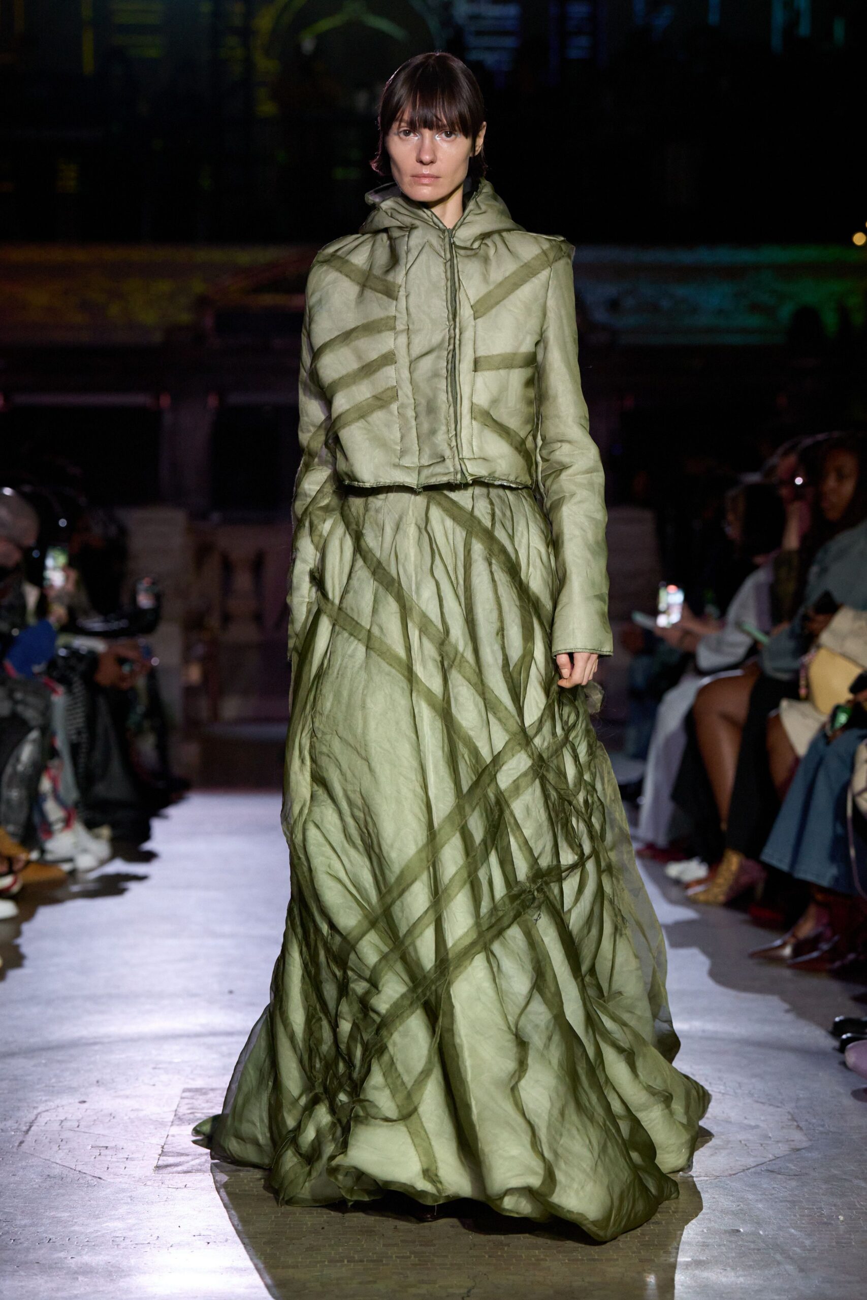 green silk long-sleeve gown