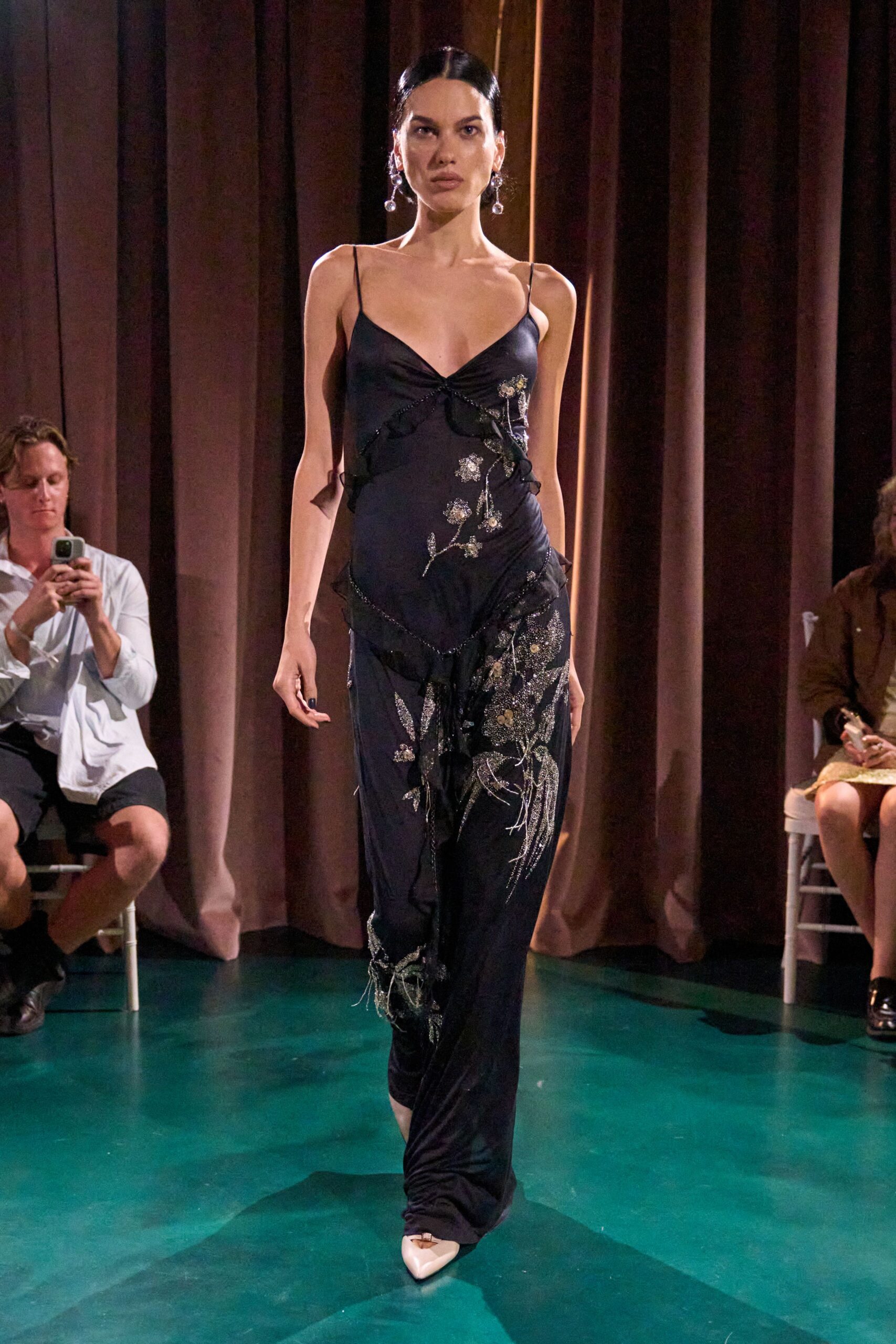 black silk embroidered gown
