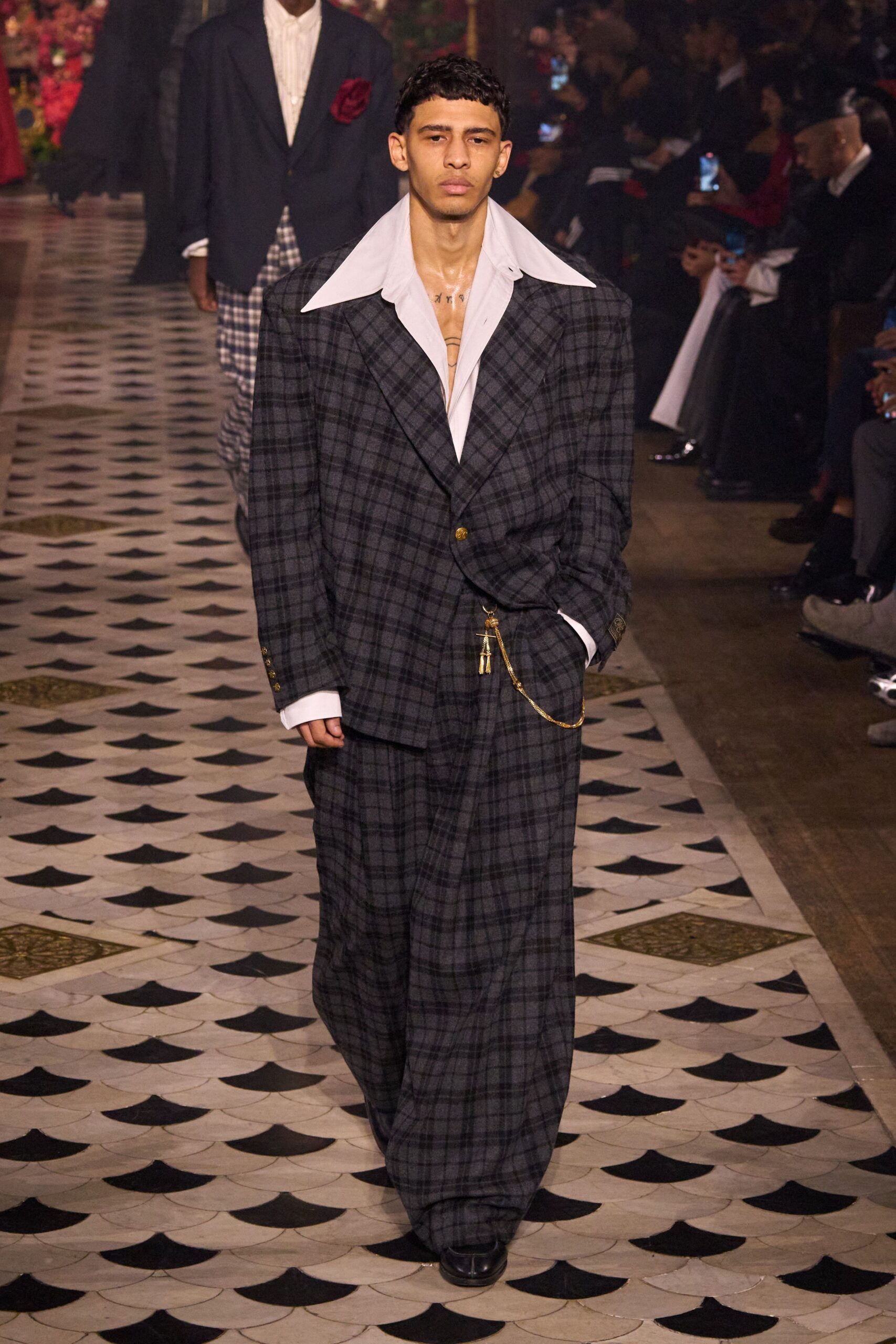 black wool long-sleeve collared relaxed checked suit