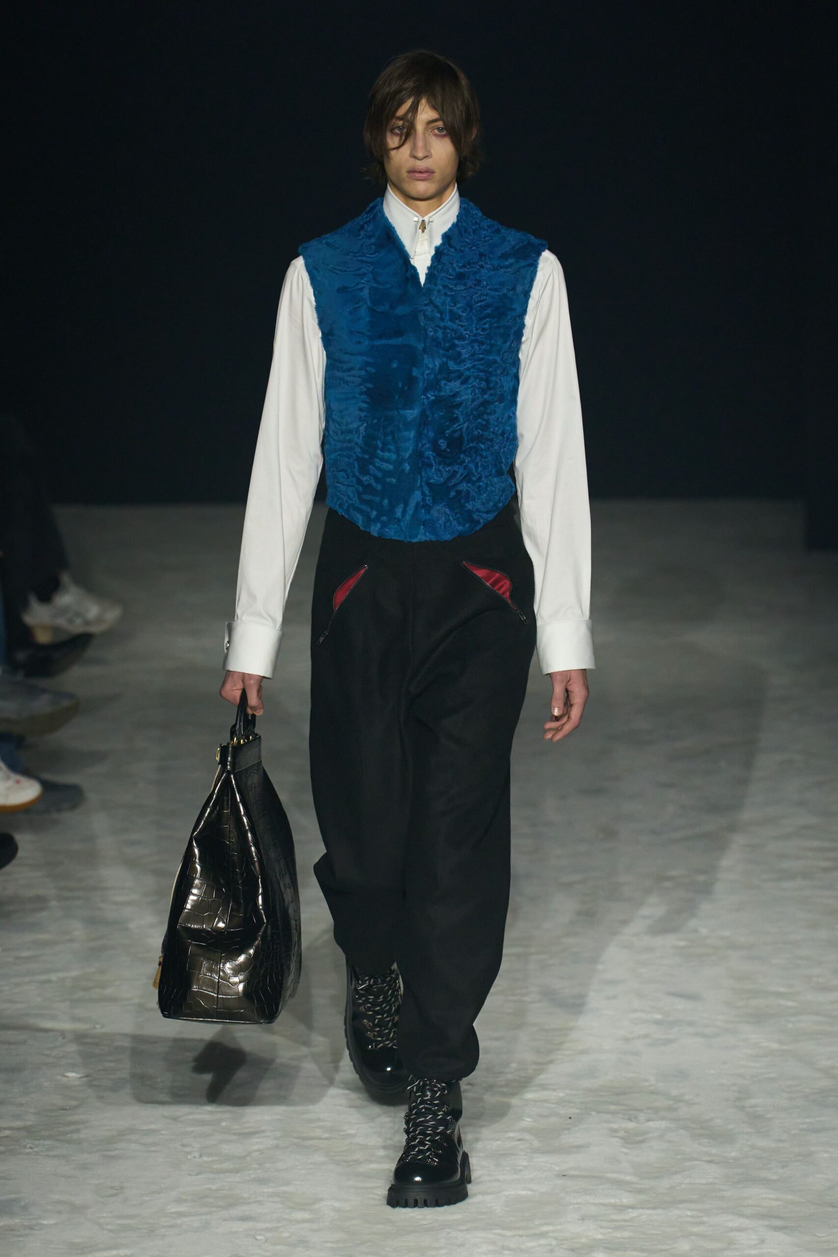 blue silk vest with white shirt