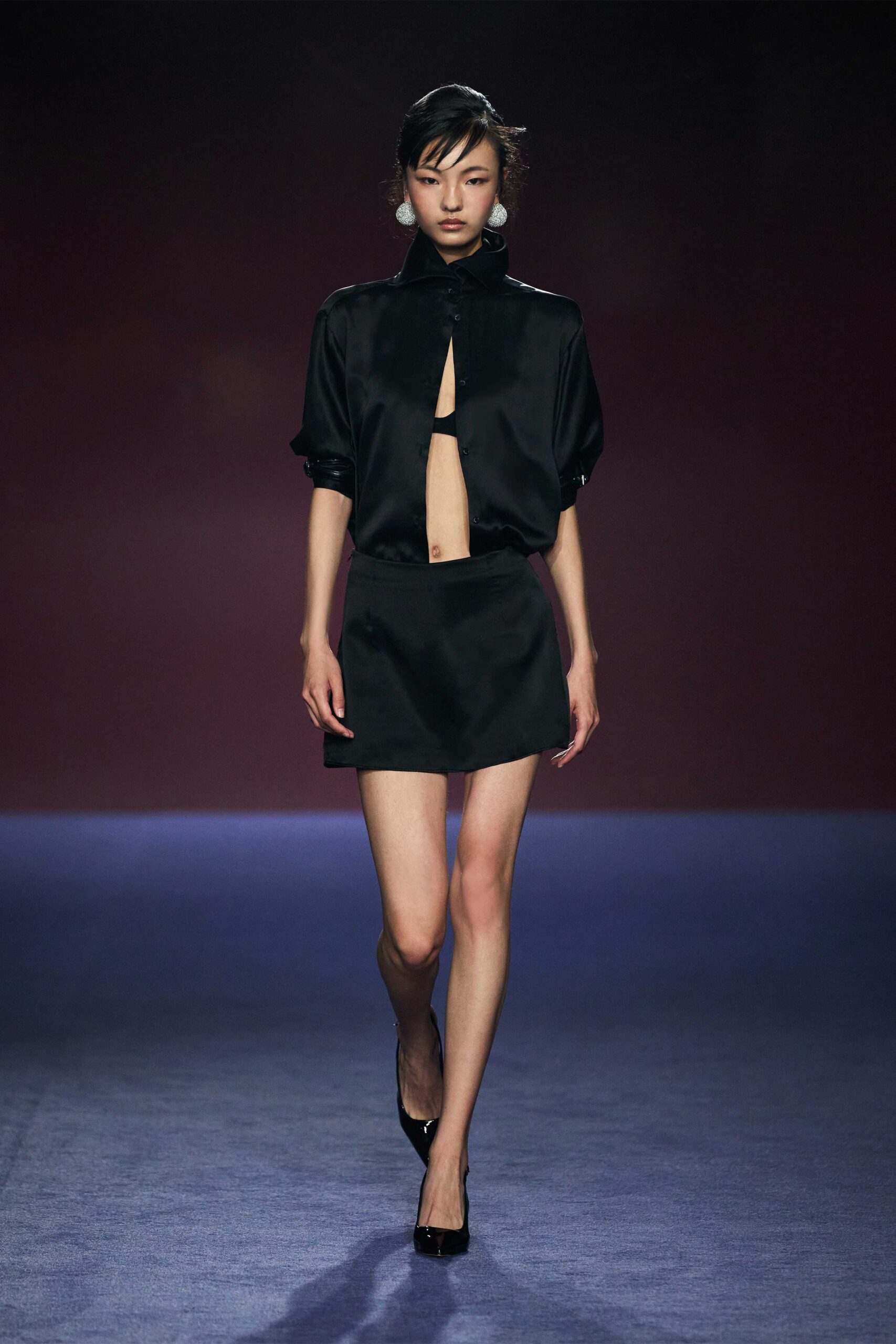black silk top and mini skirt