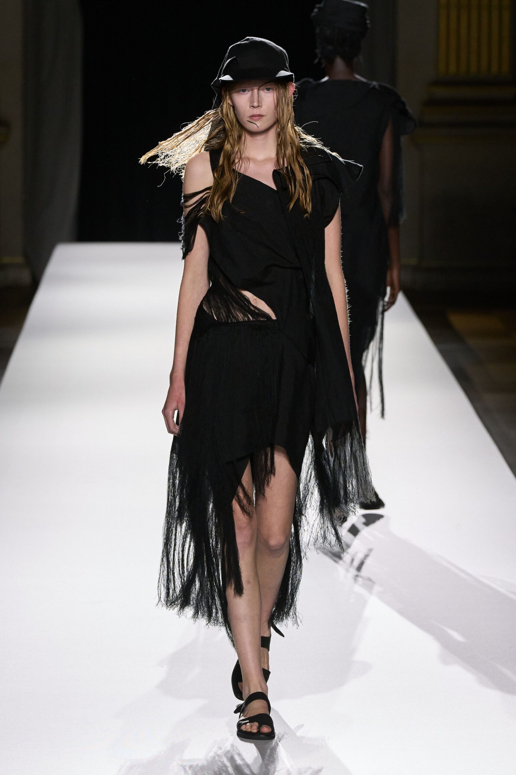 black fringed mini dress with hat