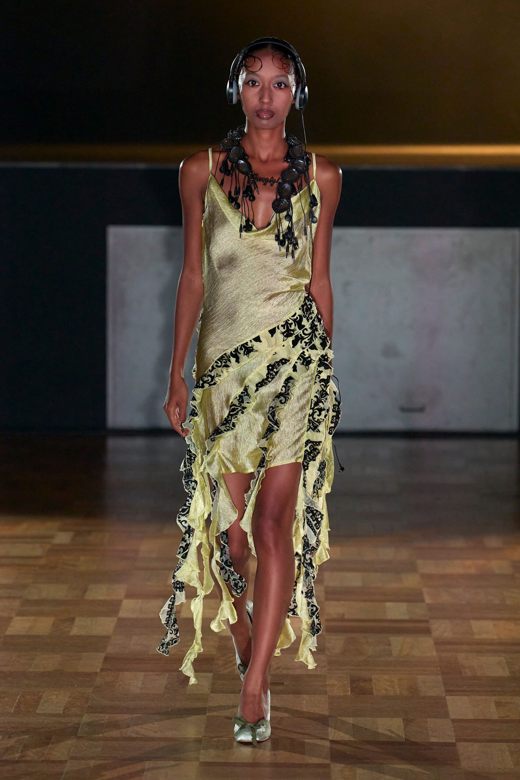 yellow silk sleeveless v-neck fitted ruffled layered dress