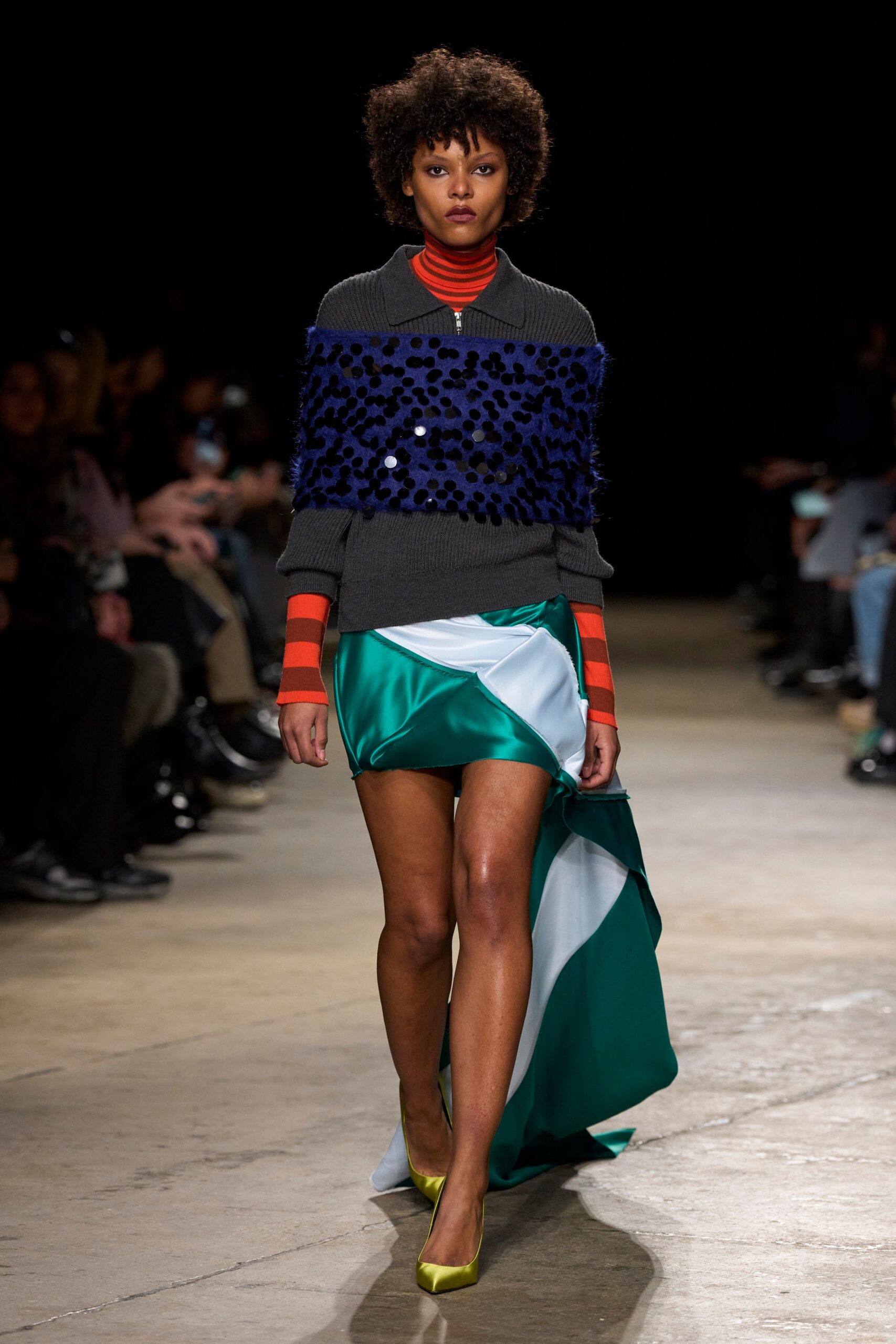 green silk asymmetric fitted draped midi skirt