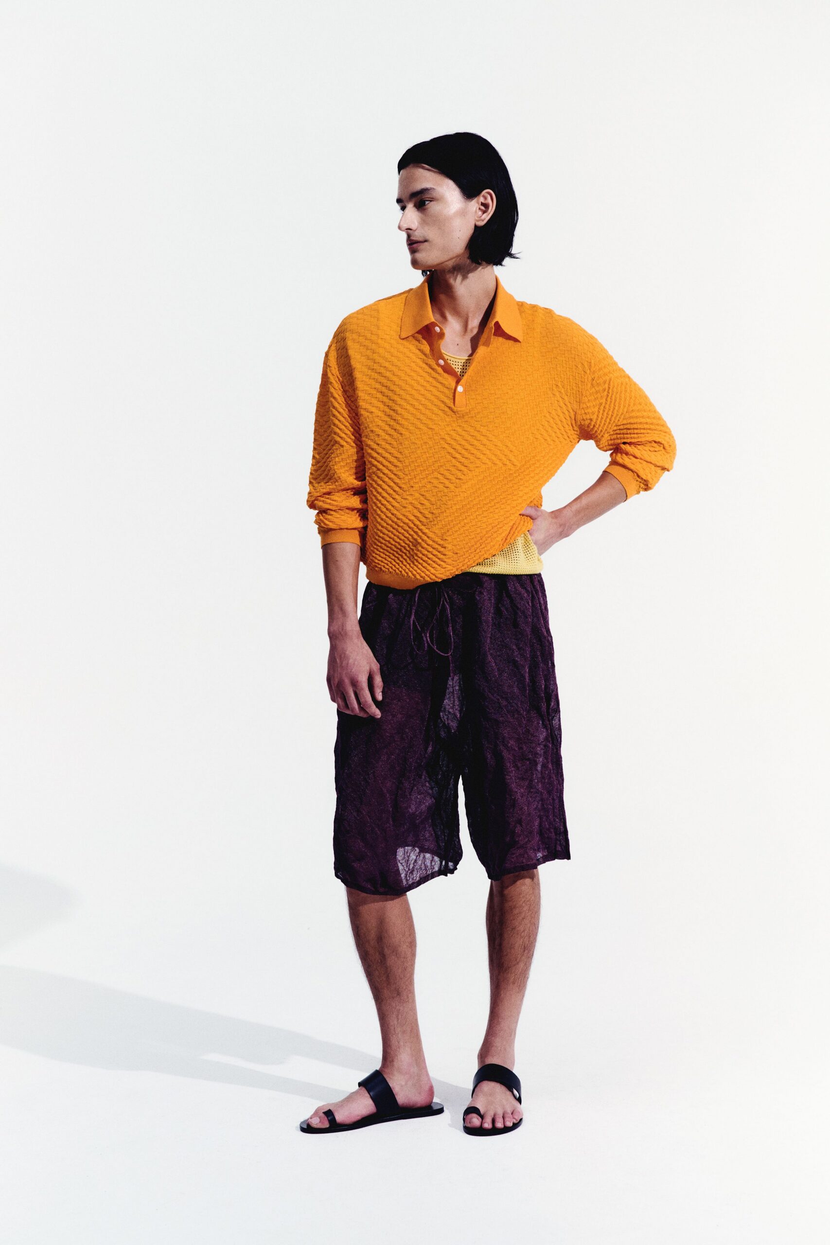 orange cotton long-sleeve collared relaxed textured shirt