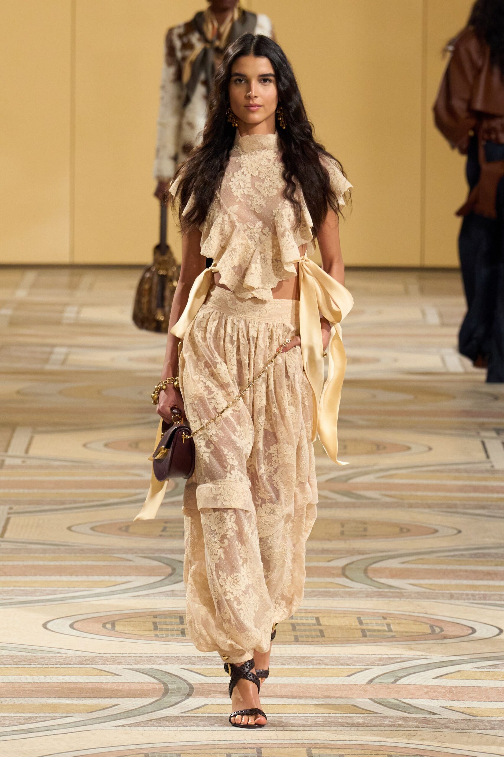 beige lace sleeveless high-neck fitted ruffled tiered dress