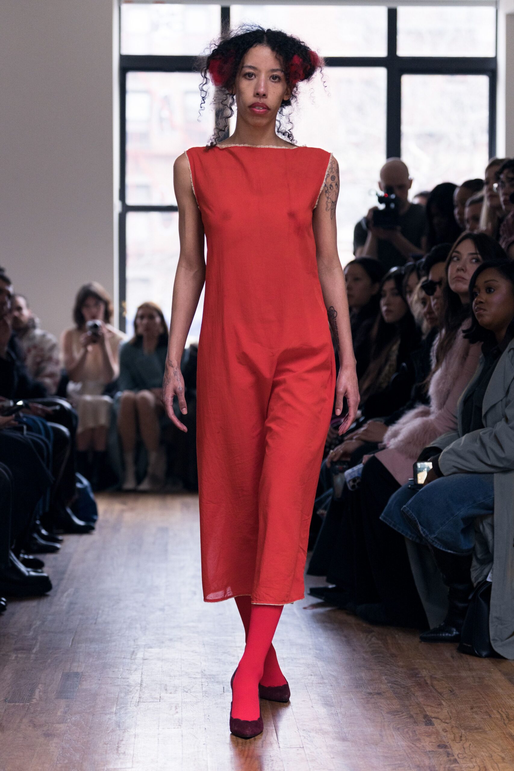 red cotton sleeveless high-neck fitted straight-leg midi dress