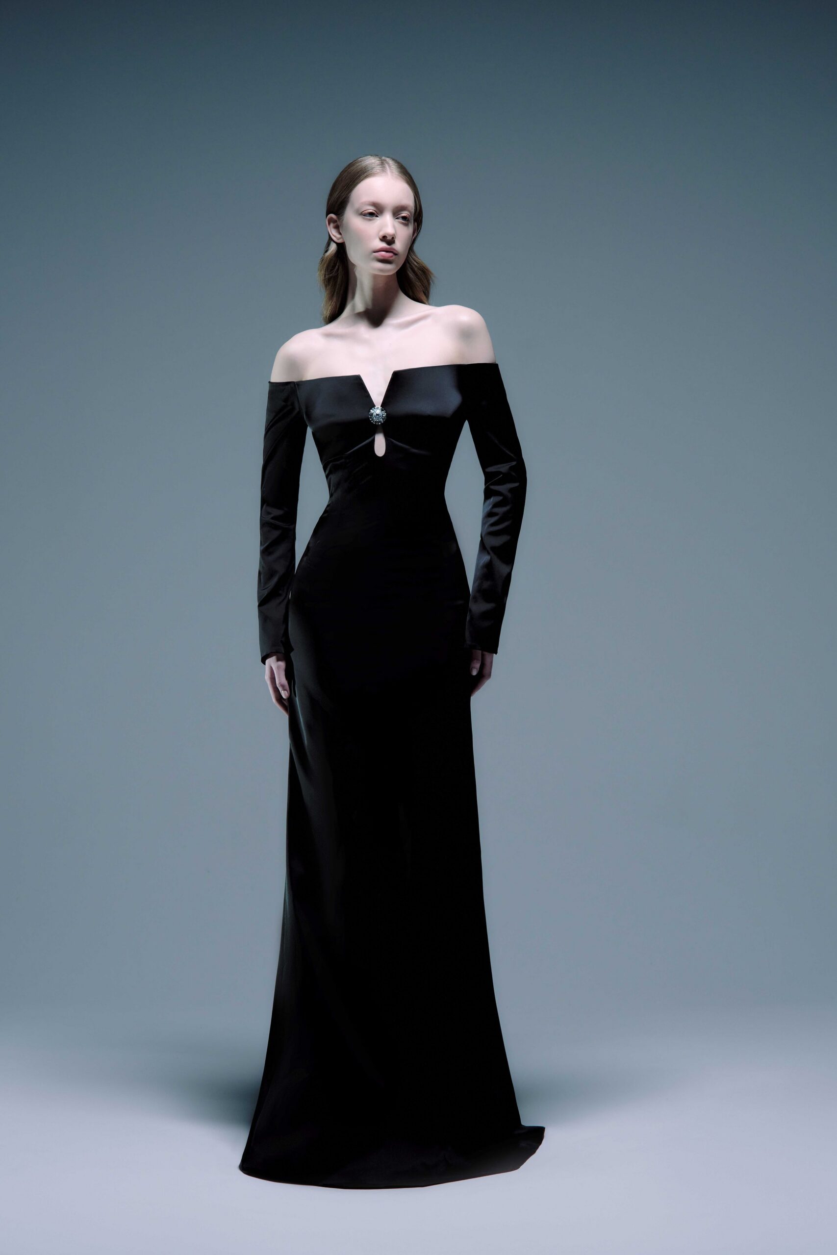 black silk off-shoulder gown