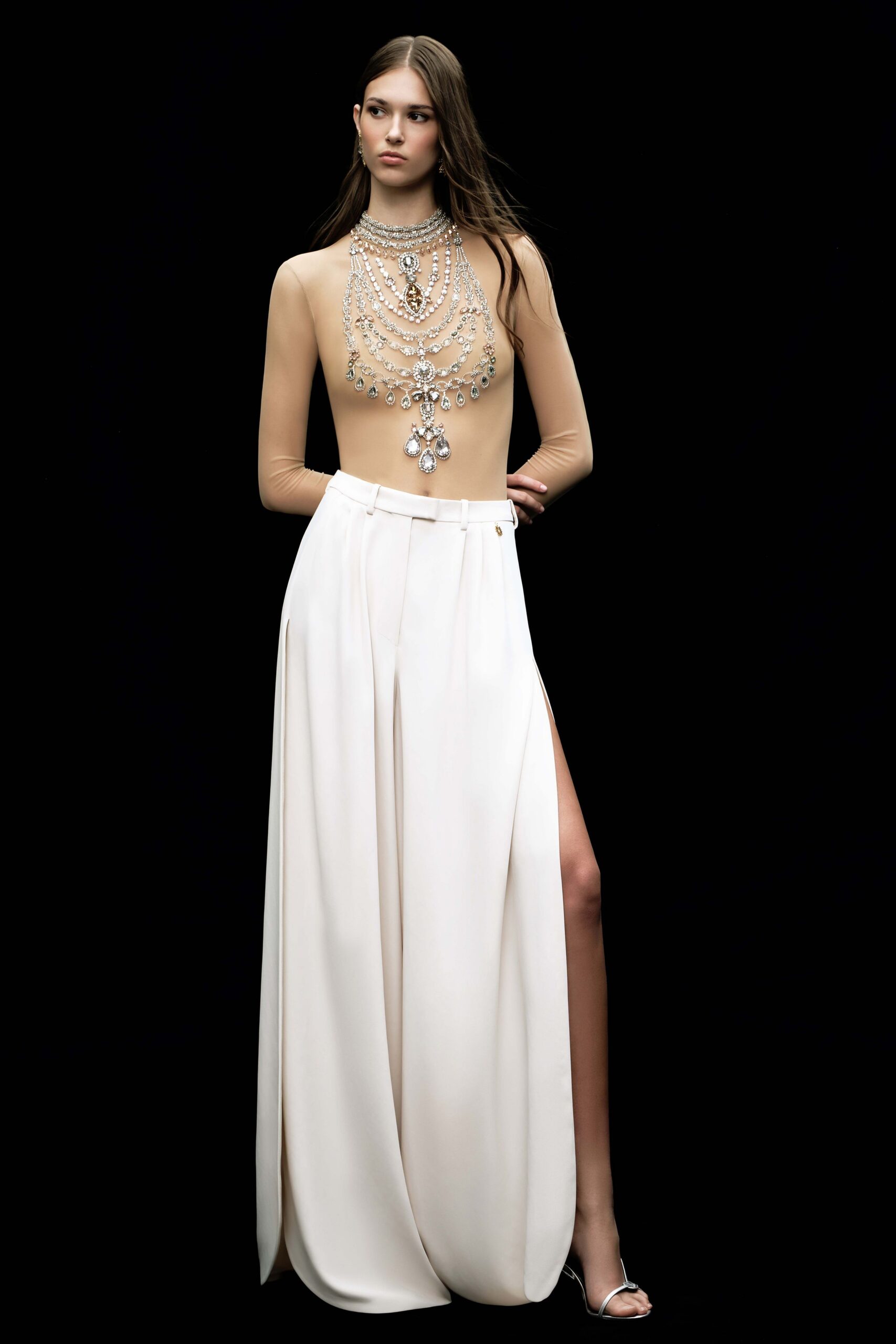white silk slit fitted high-waisted pleated skirt