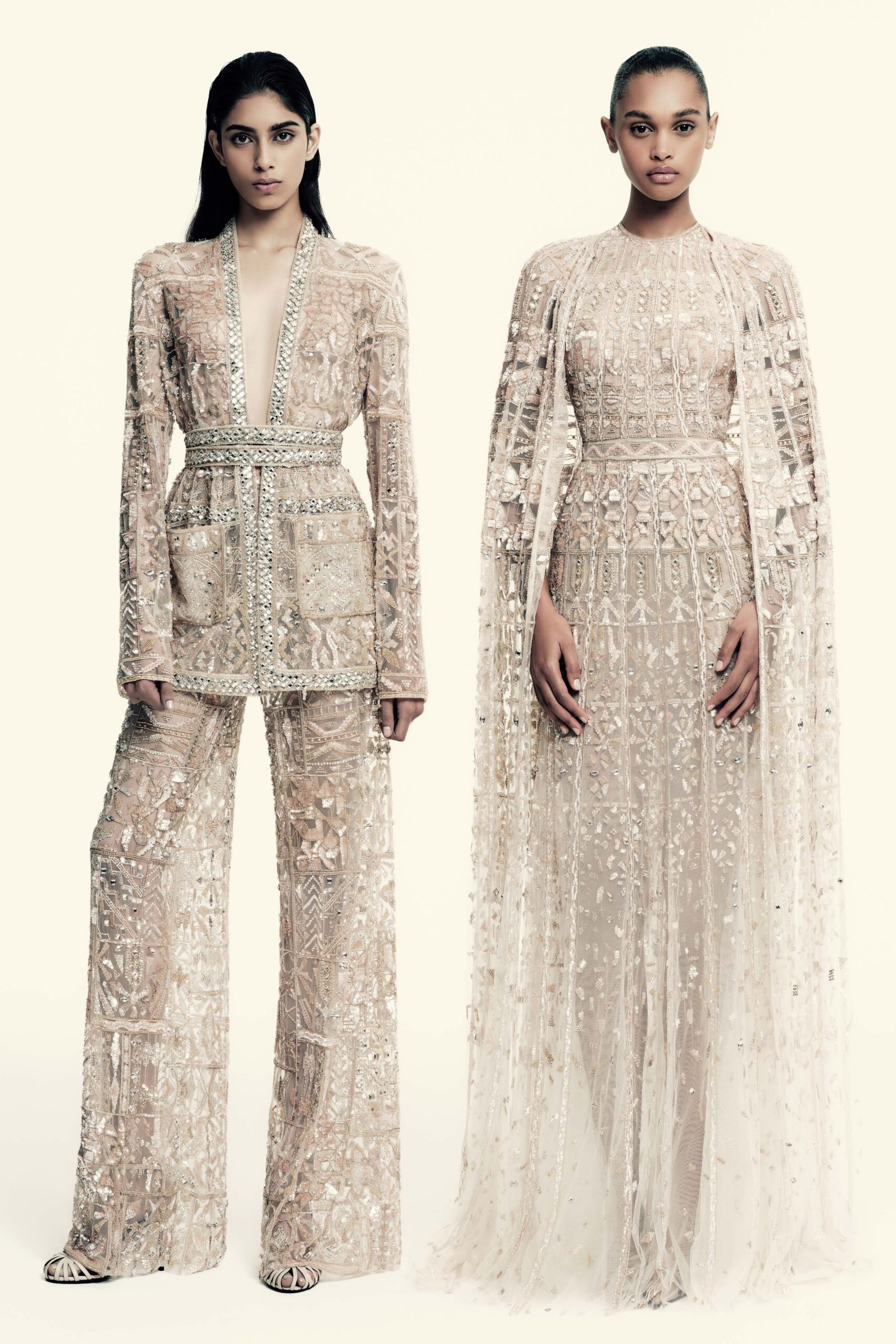 beige lace long-sleeve high-neck fitted embroidered layered gown