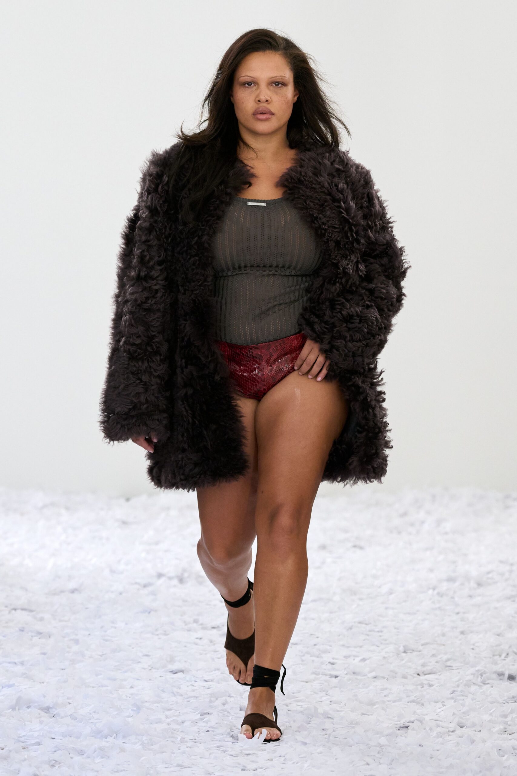 black faux-fur coat with bodysuit